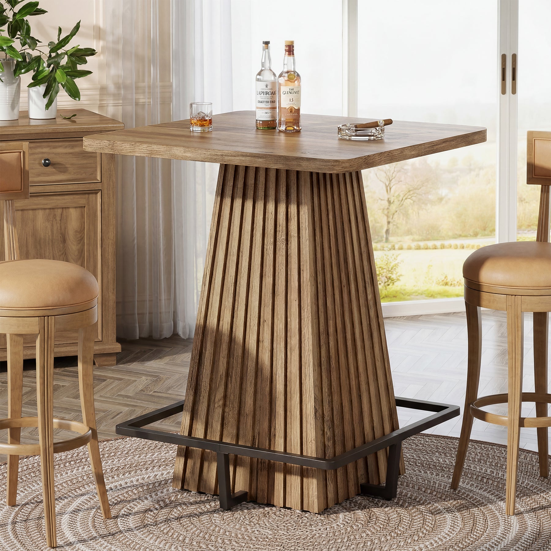37.4" Square Bar Table, Farmhouse Counter Height Pub Table with Metal Footrest