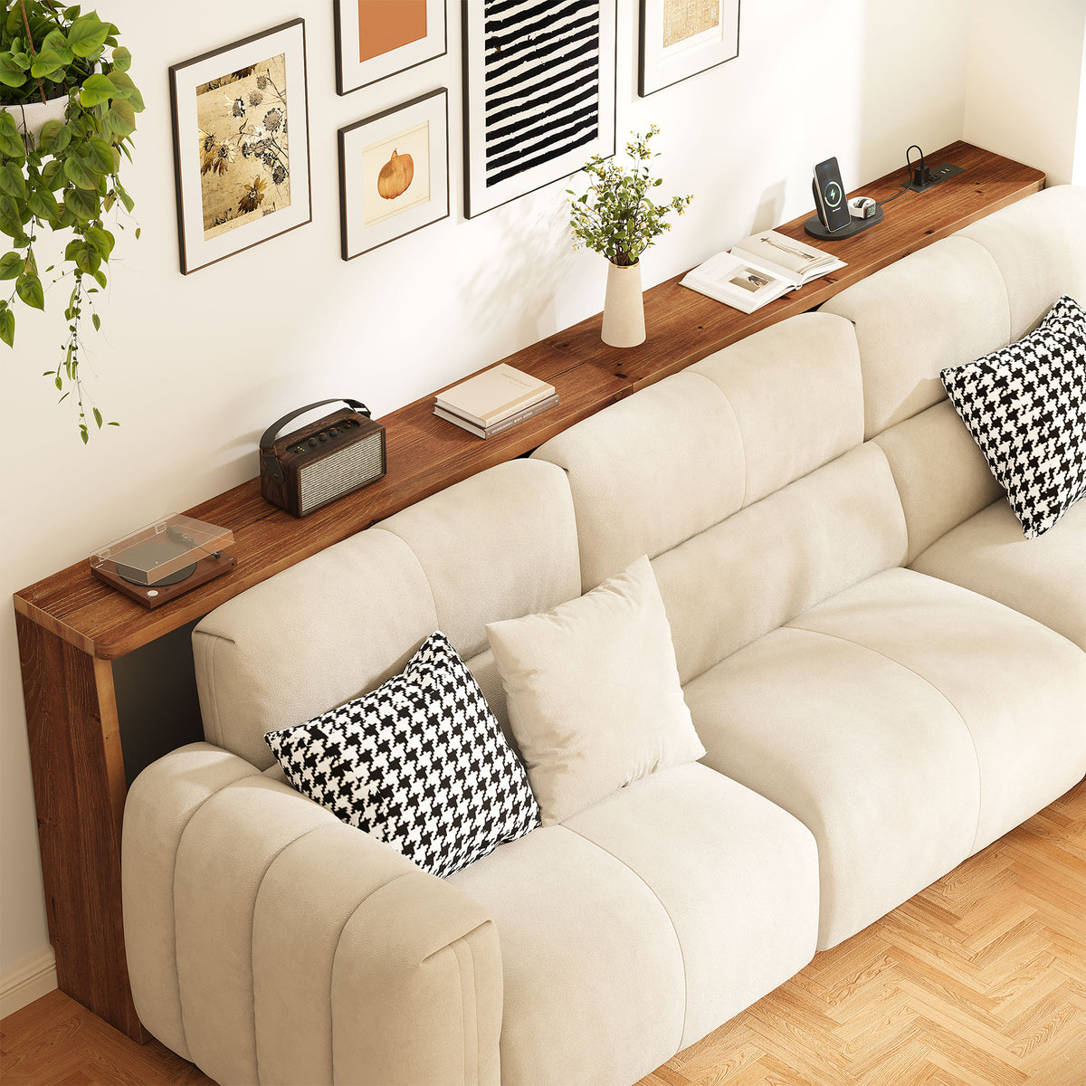 82.7" Narrow Solid Wood Sofa Table Behind Couch with Power Outlets and USB Ports