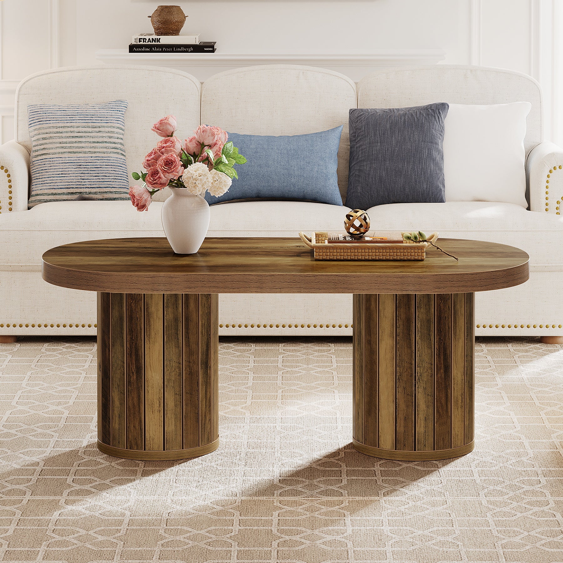 Oval Coffee Table, 47.2" Accent Center Table with Fluted Cylindrical Legs