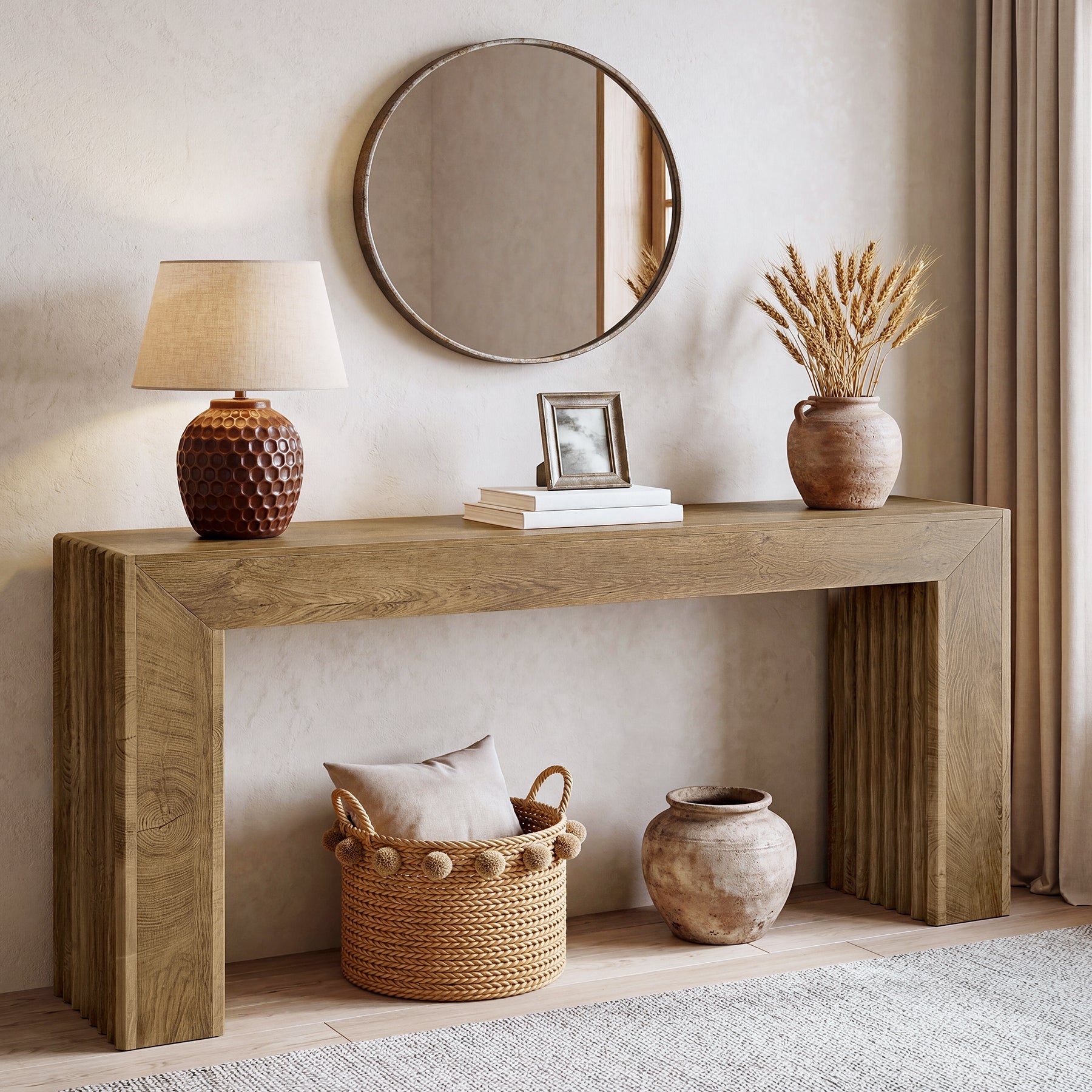 63" Fluted Console Table with Roman Column Legs, Narrow Farmhouse Entryway Sofa Table with Wood-Grain Finish