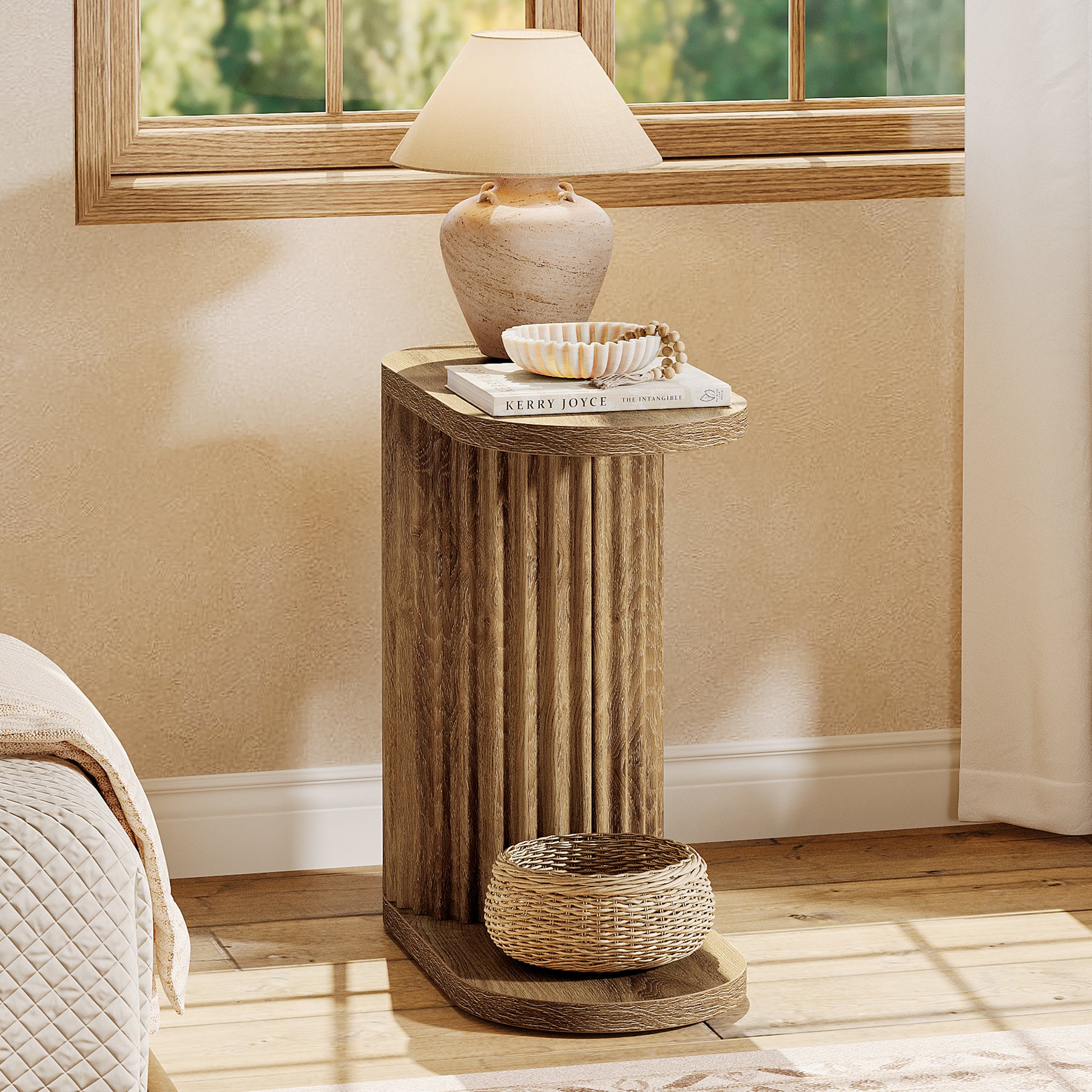 23.62" Fluted C-Shaped End Table with Oval Top, Narrow Side Table for Couch