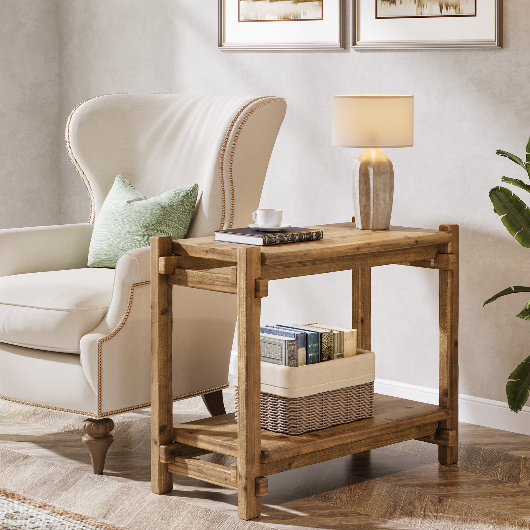 Solid Wood End Table, 2 - Tier Narrow Side Table with Storage Shelf Tribesigns