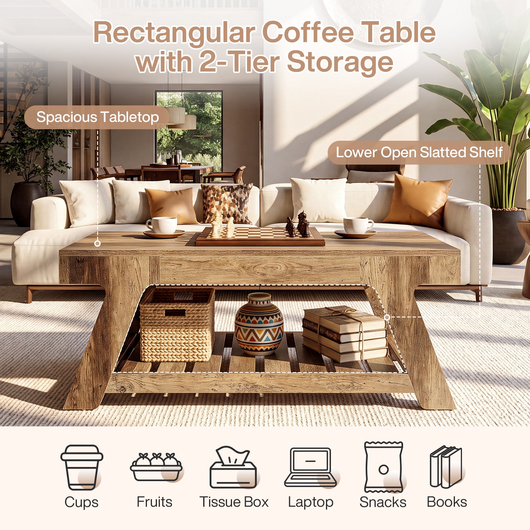 47" Farmhouse Coffee Table, 2-Tier Center Table with Slatted Storage Shelf for Living Room