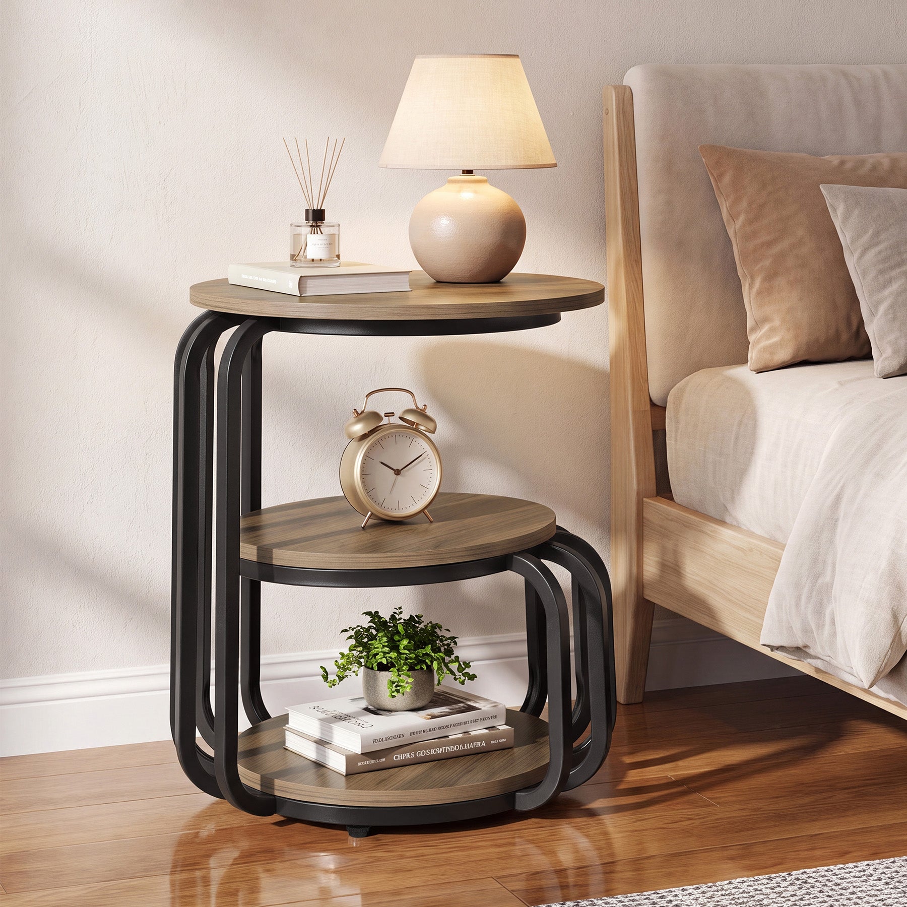 19.69" Round Nightstand, 3-Tier Bedside Table with Metal Frame for Bedroom