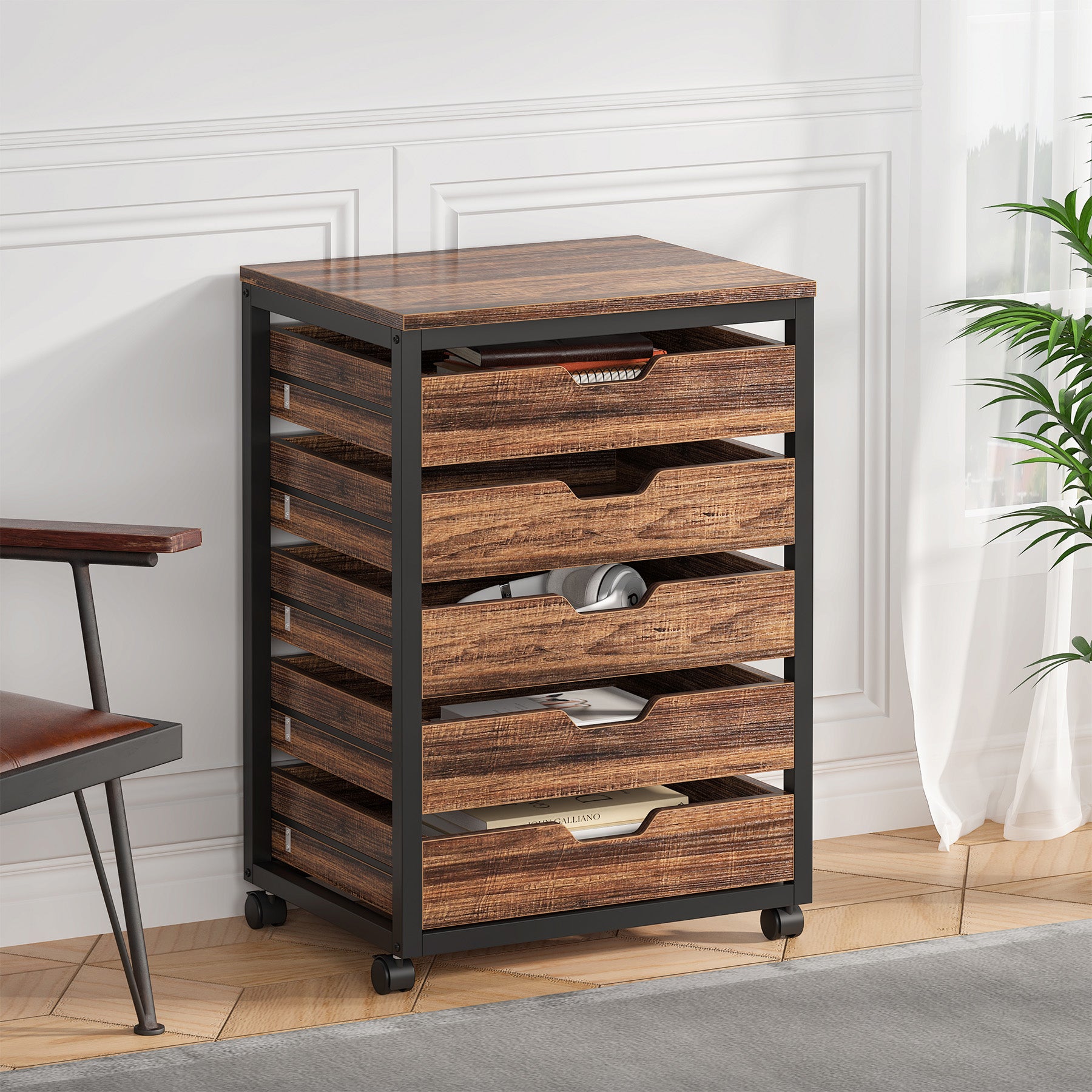 cabinet with dresser 5-Drawer File Cabinet, Wood Mobile Storage Drawer Unit Industrial Office Cabinet with Drawers & Wheels, Rustic Brown / 5 Drawer