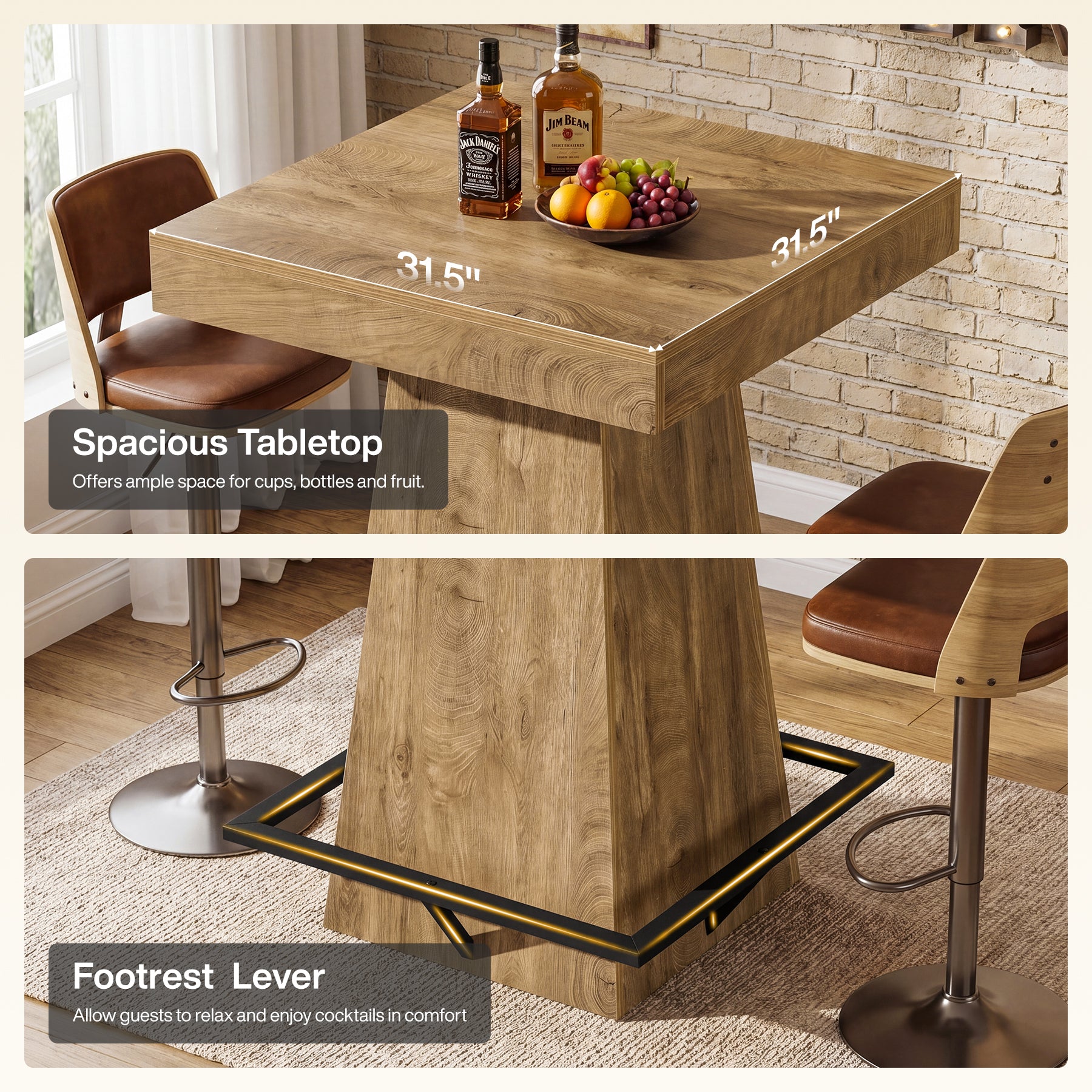 Tribesigns 37.4" Square Bar Table, Pub Table with Footrest for Dining Room