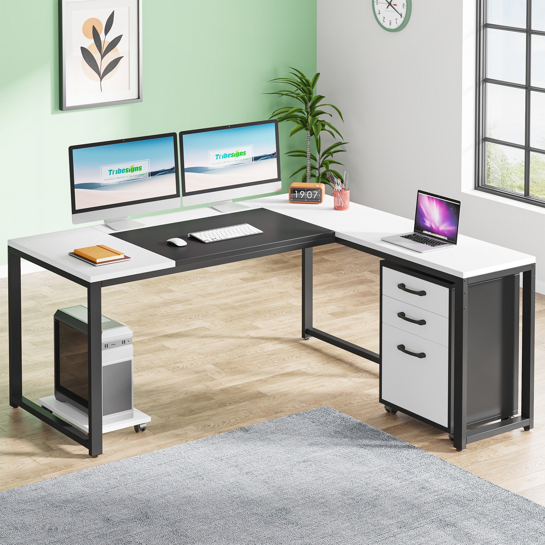 L-Shaped Computer Desk, 63" Executive Desk with Mobile File Cabinet