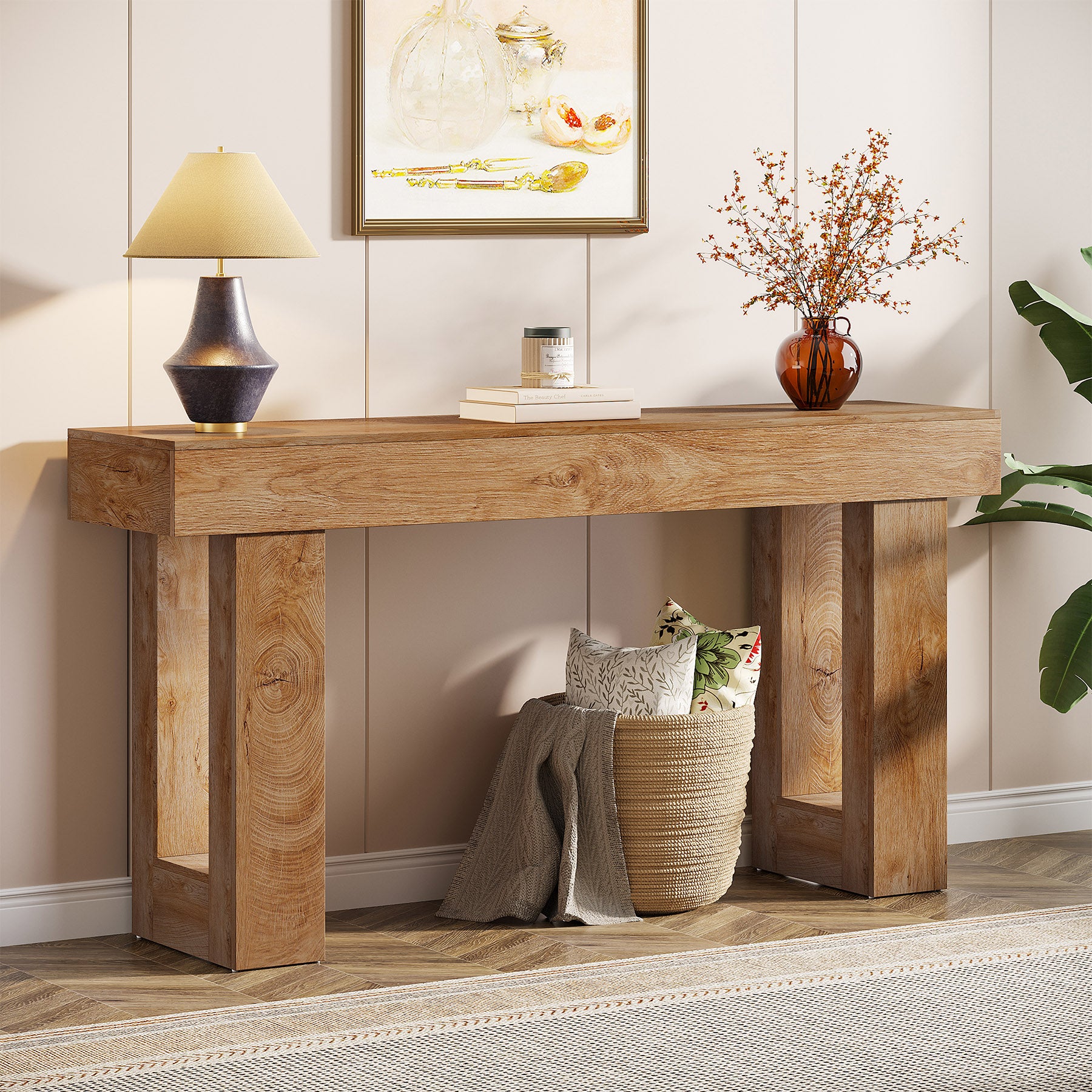 63" Wood Sofa Table, Chunky Console Table for Entryway