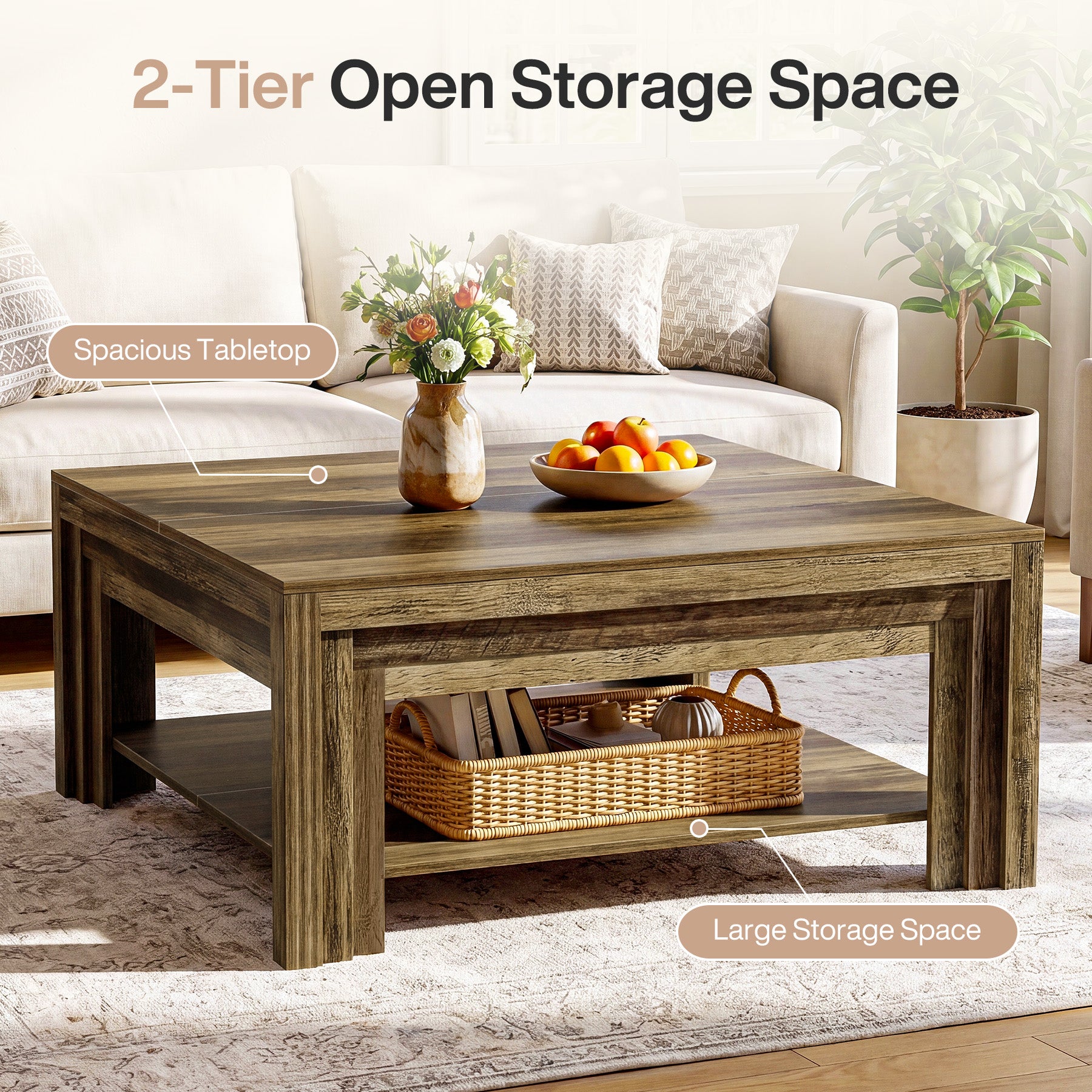 Farmhouse Square Coffee Table with Shelf