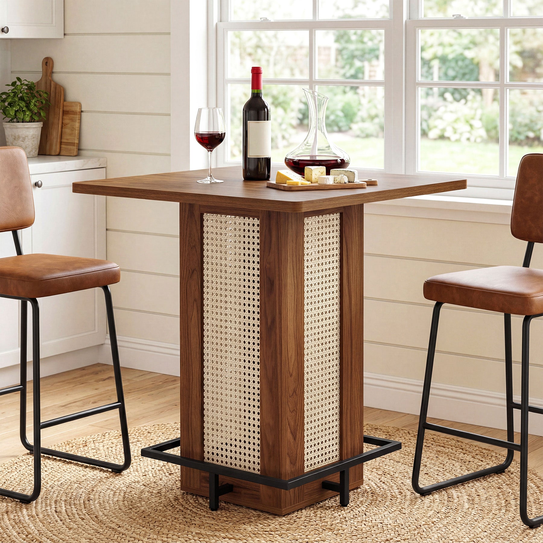 31.5" Square Bar Table, Rattan Pub Table with Footrest for Kitchen Breakfast Nook