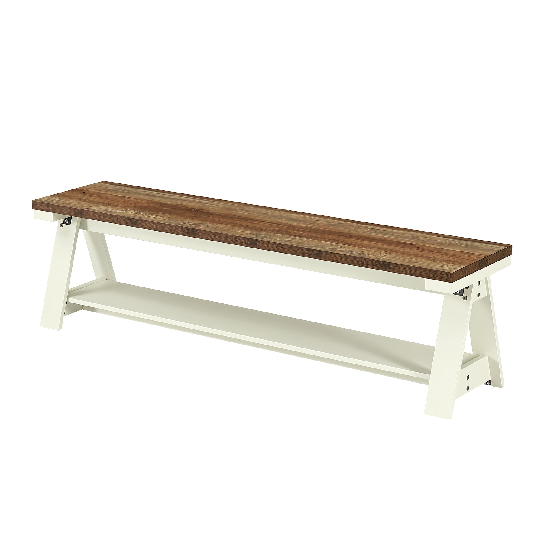 59 Inch Wooden Entryway Bench with Open Shelves, Farmhouse 2-Tier Storage Bench for Hallway