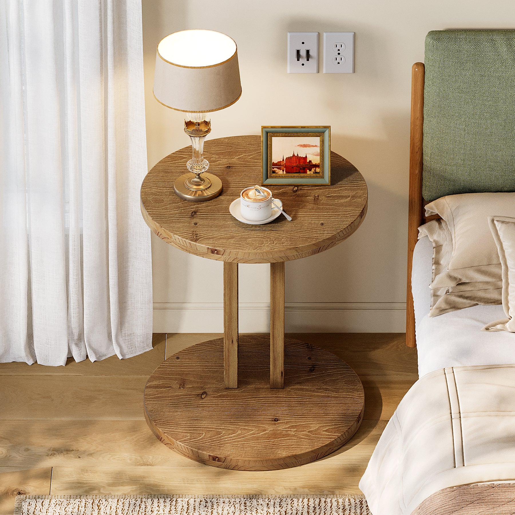 Solid Wood Nightstand, 19.68"C-Shaped Bedside Table with Storage