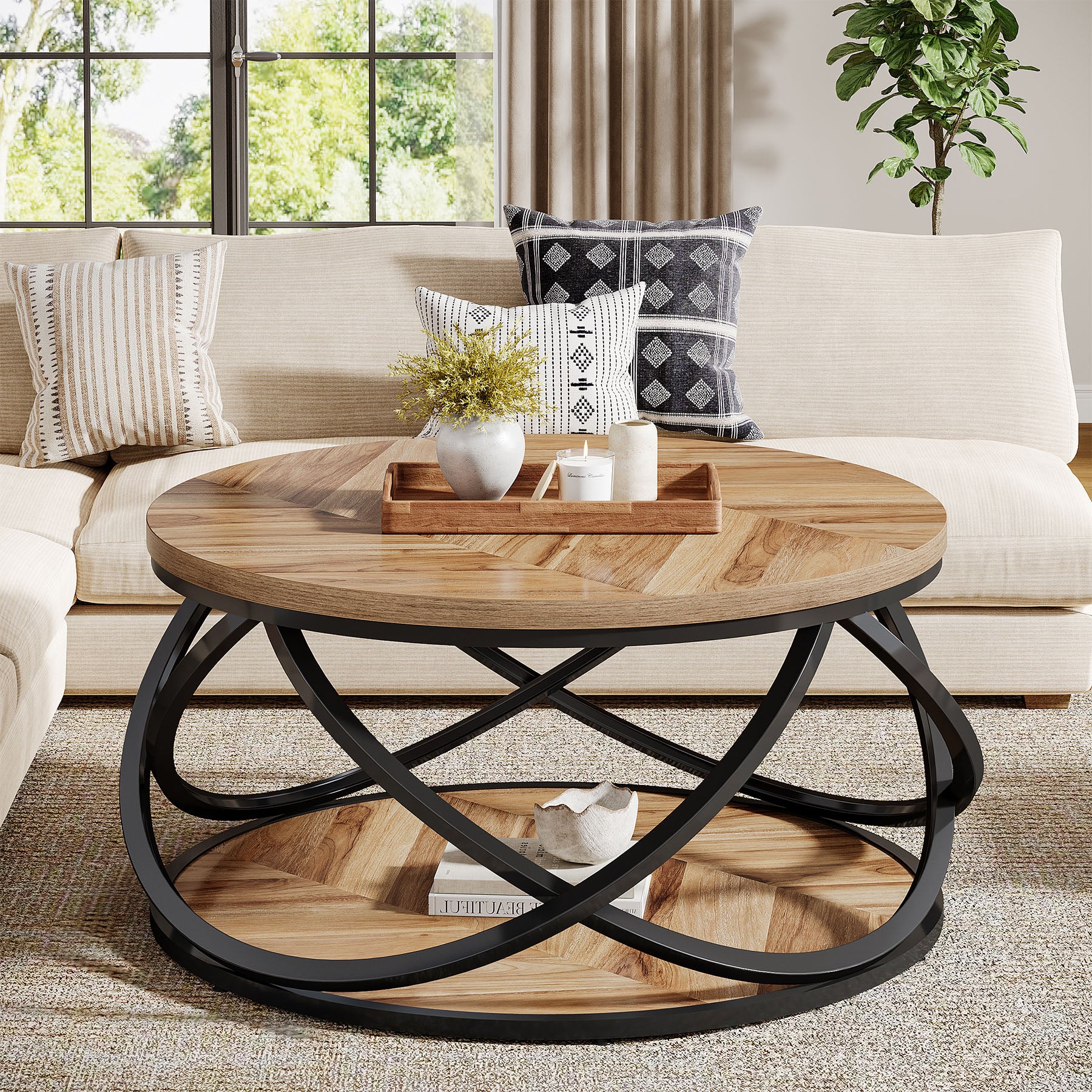 Round Coffee Table, 2-Tier Circle Center Table with Storage Shelves