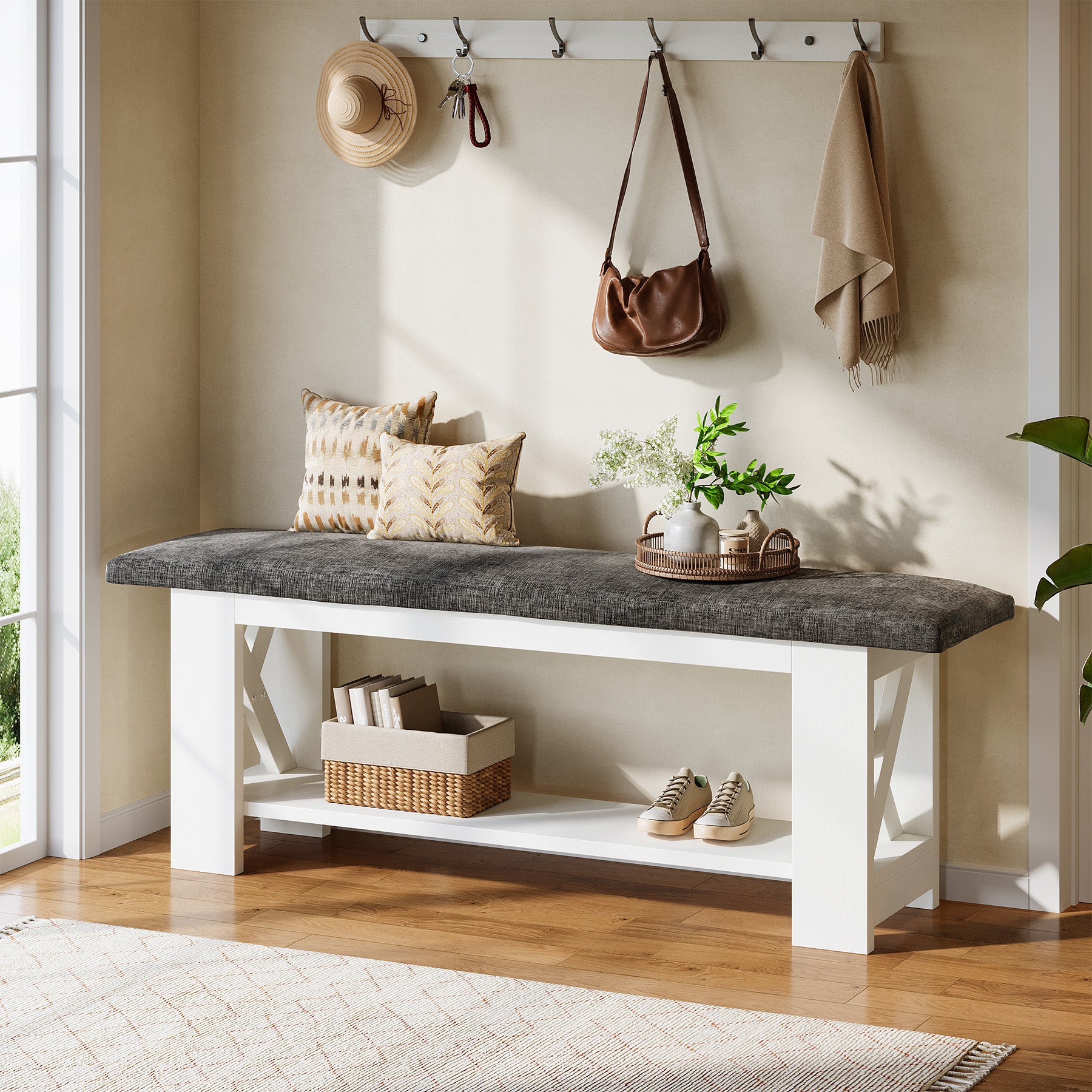 47" Entryway Bench with Padded Cushion, 2-Tier Shoe Rack Storage Bench