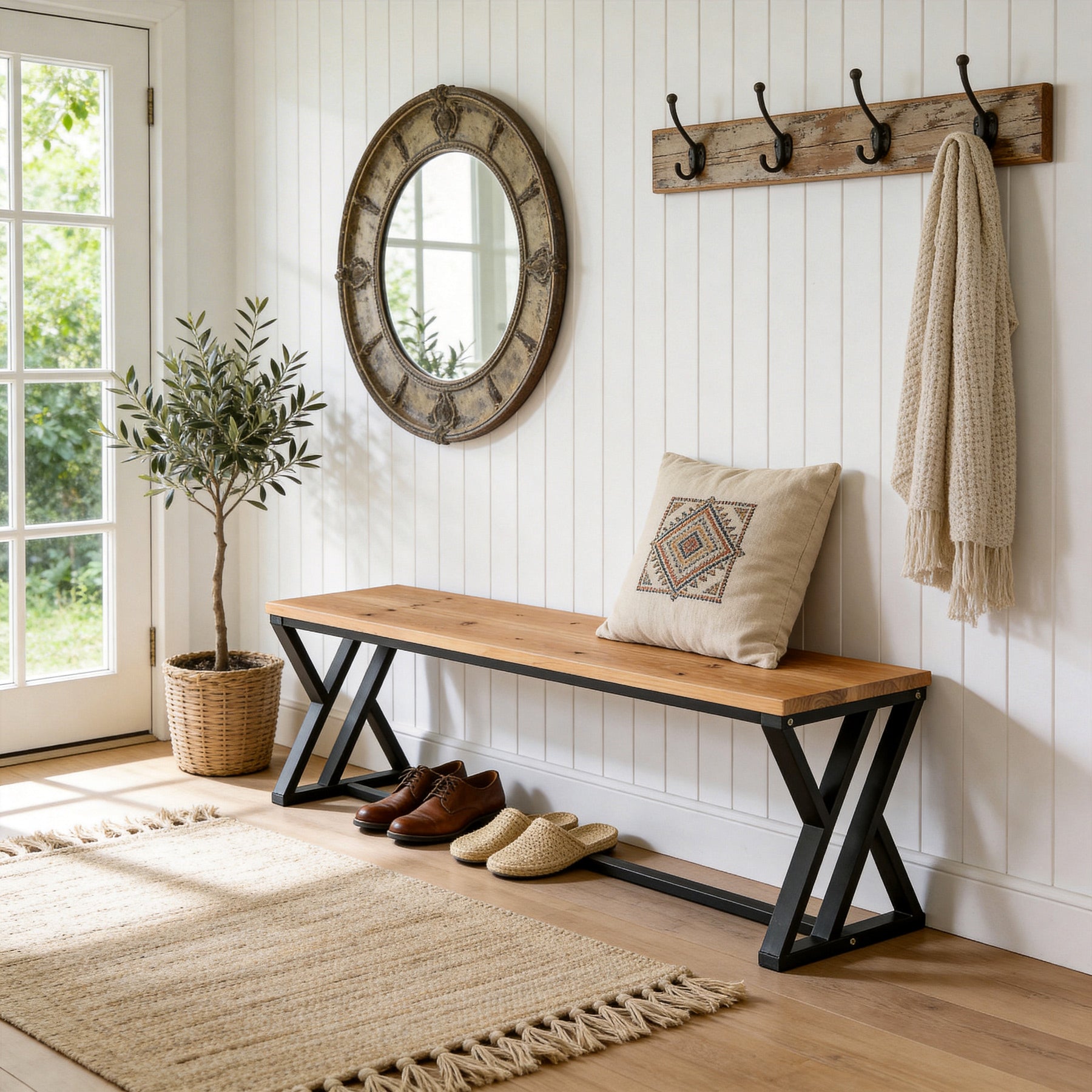 55" Long Entryway Bench, Solid Wood End of Bed Bench with Metal Legs
