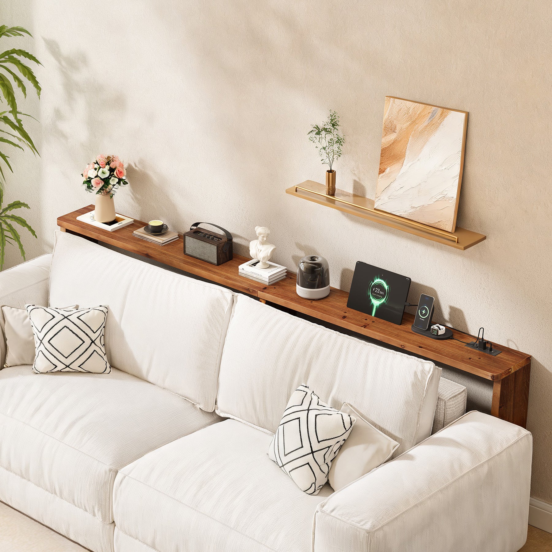 82.7" Narrow Solid Wood Sofa Table Behind Couch with Power Outlets and USB Ports