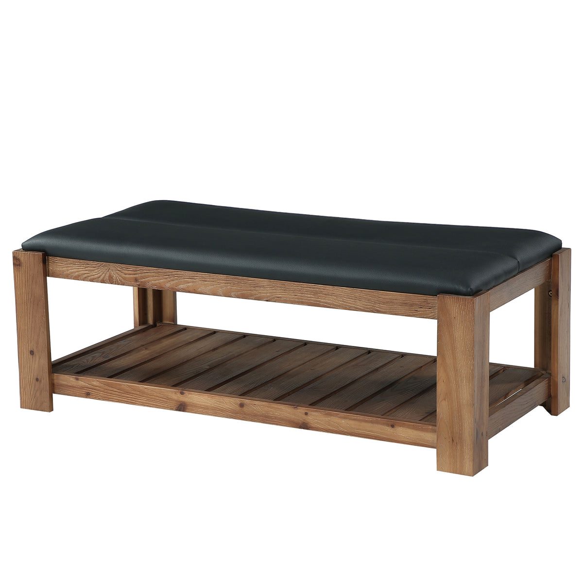 55" Solid Wood Coffee Table with PU Leather Padded Top & Storage Shelf