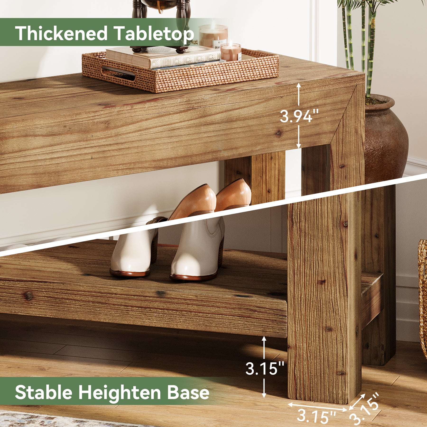 47.24" Solid Wood Entryway Bench, Narrow Shoe Bench with Open Shelves