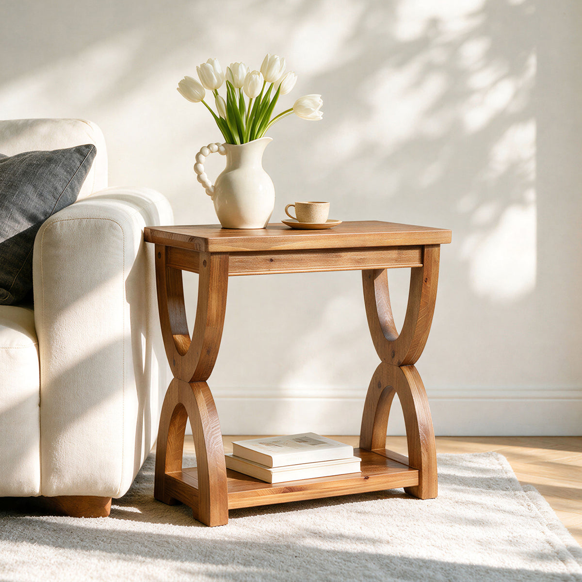 Solid Wood Side Table, 2-Tier Small End Table Bedside Table for Living Room
