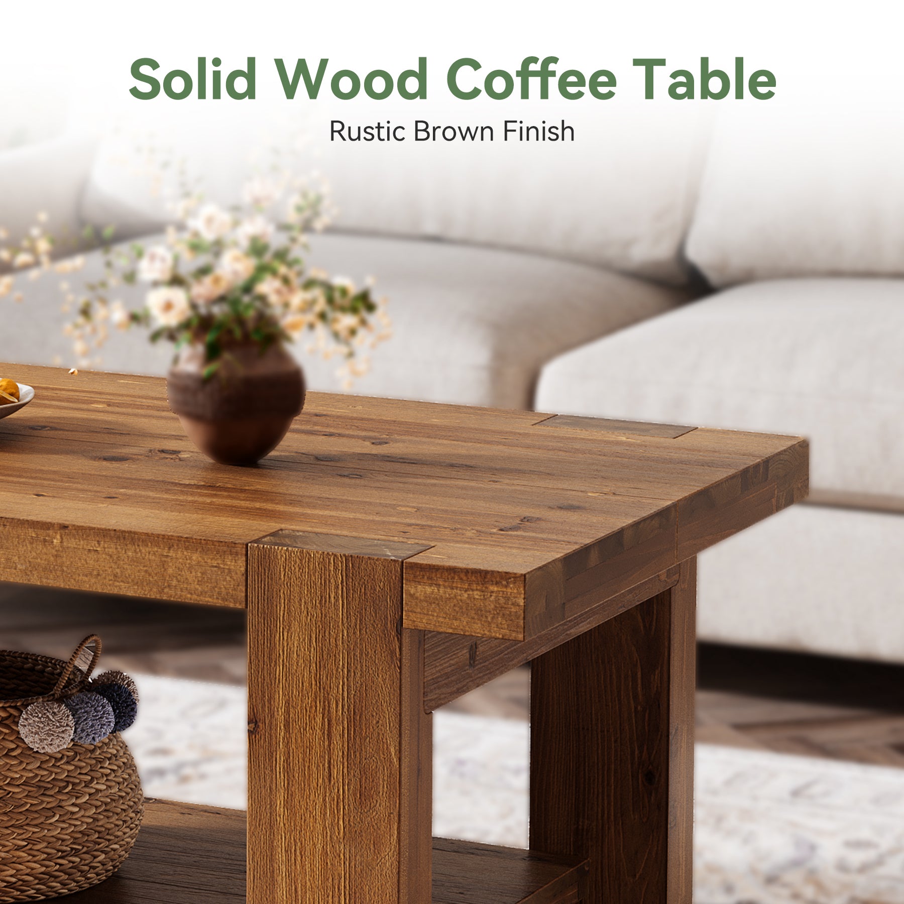 47.2" Solid Wood Coffee Table, Rectangle Center Table with 2-Tier Storage Shelf