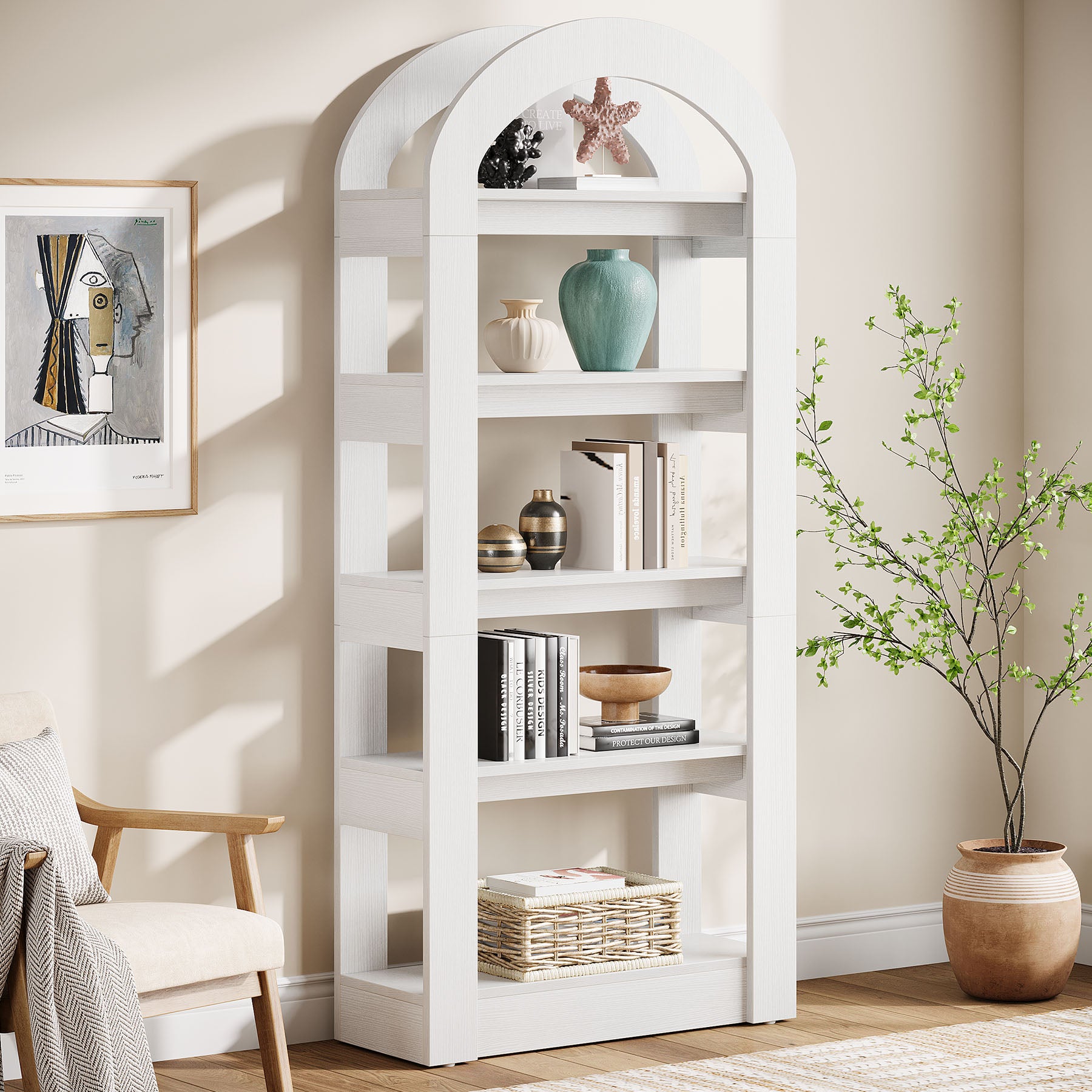 5-Tier Wooden Bookshelf with Arched Top, Tall Display Bookcase Shelf