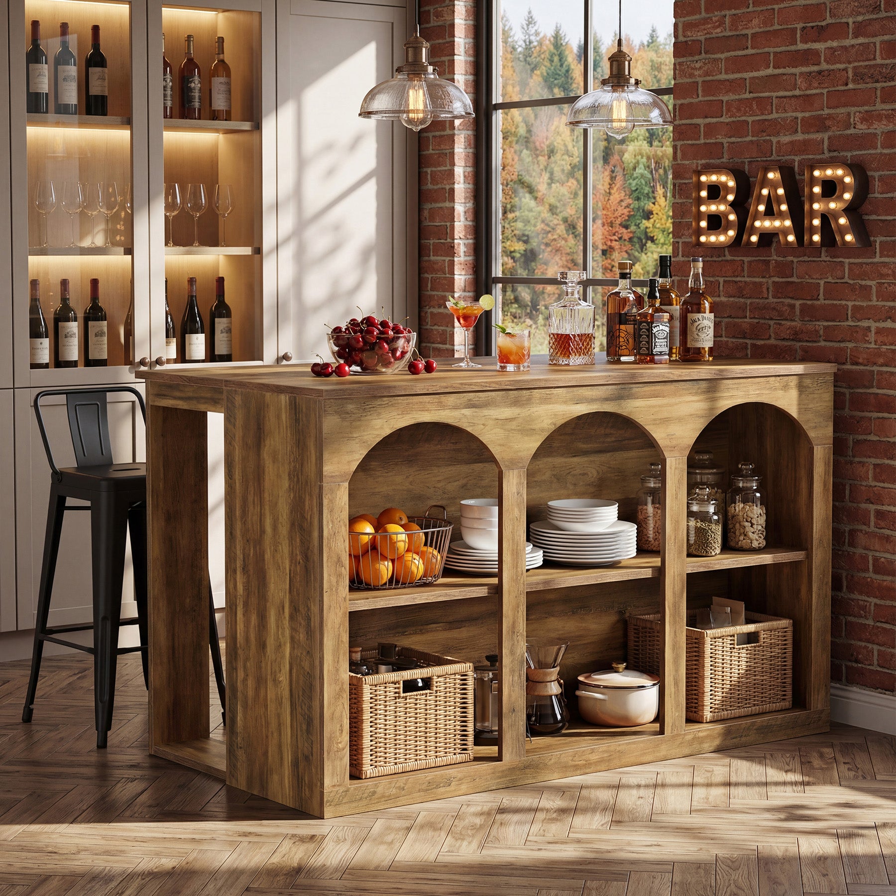55" Bar Table, High Top Large Home Bar Unit Table with 2-Tier Shelves