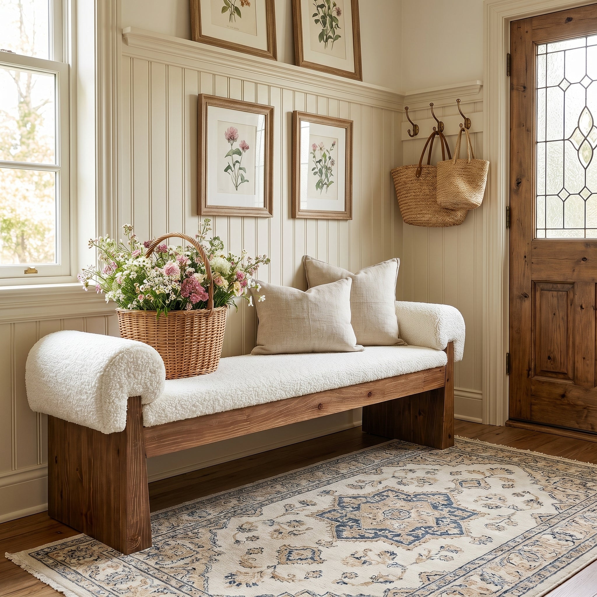Solid Wood Cushioned Bench, Upholstered Entryway Bench End of Bed Bench