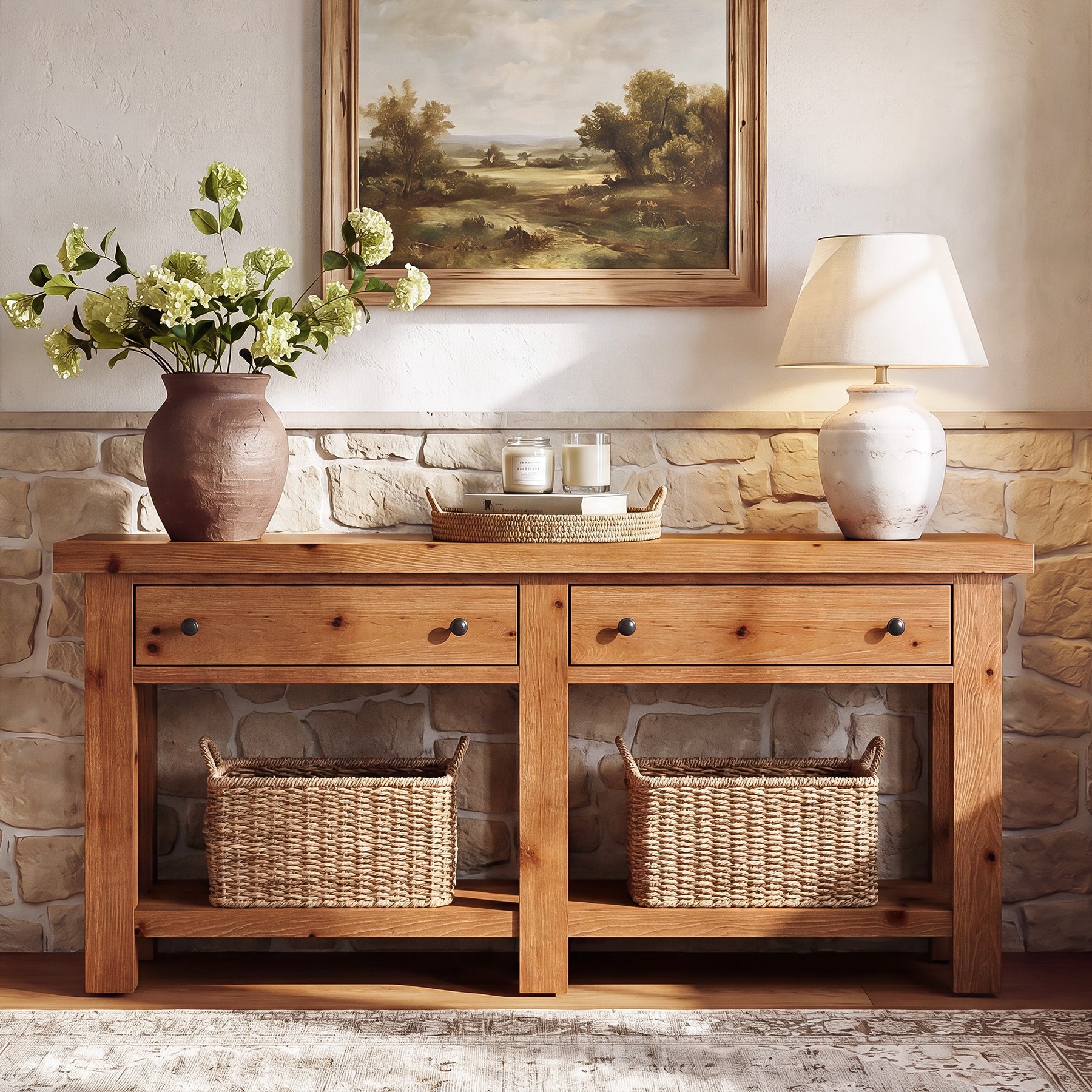 63" Console Table, Solid Wood Sofa Tables Behind Couch with 2 Drawers for Entryway