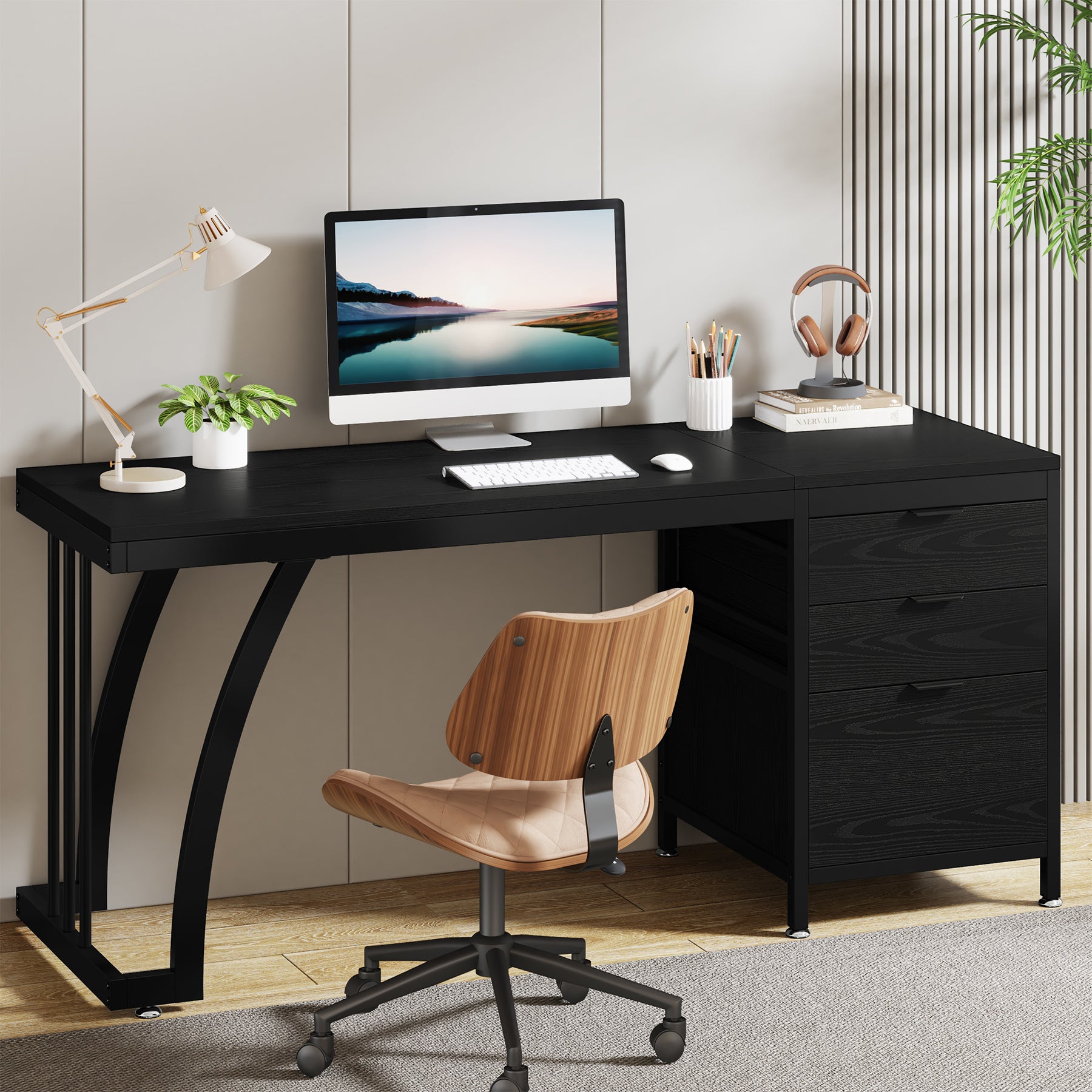 Industrial Computer Desk, 59" Study Desk with Reversible Drawer Cabinet