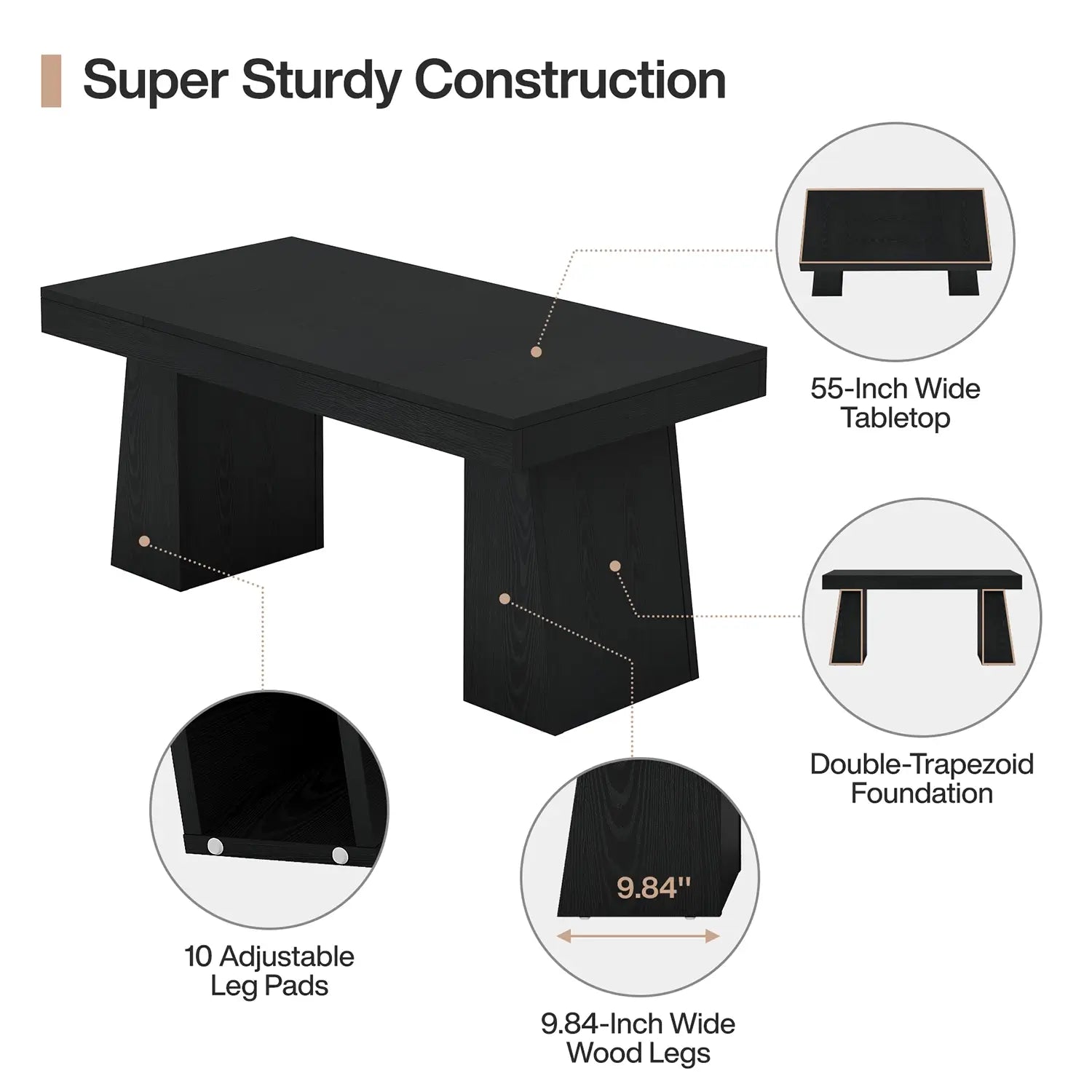 55" Executive Desk with Double Trapezoid Base, Modern Wooden Computer Desk for Home Office