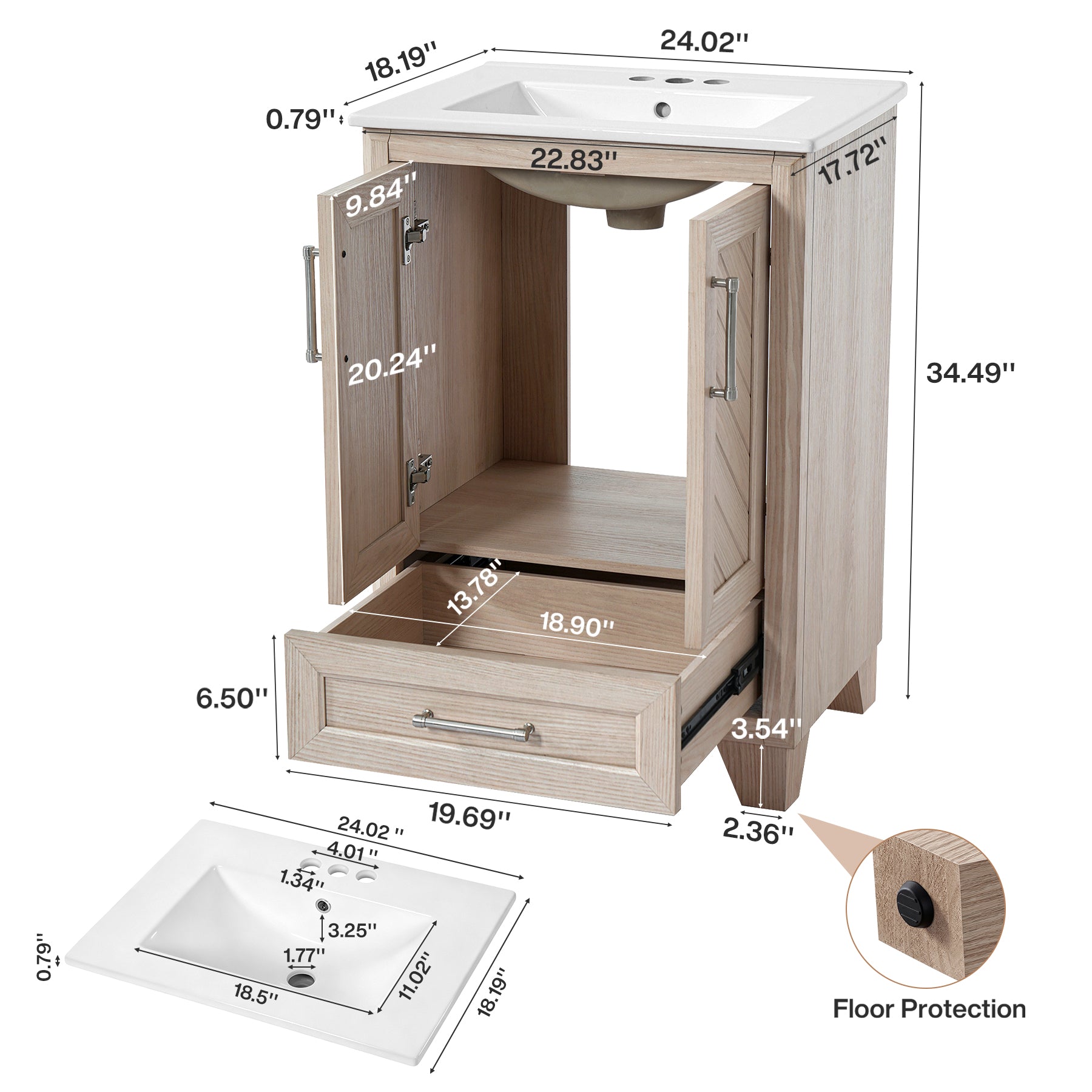 24" Bathroom Vanity, Modern Bathroom Cabinet with Sink & Carved Doors