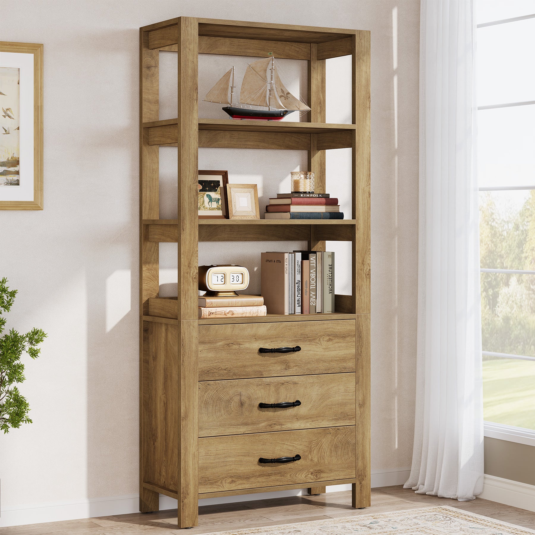 70.9" Bookshelf with Drawers, Modern Bookcase with 3-Tier Open  Shelf-Tribesigns