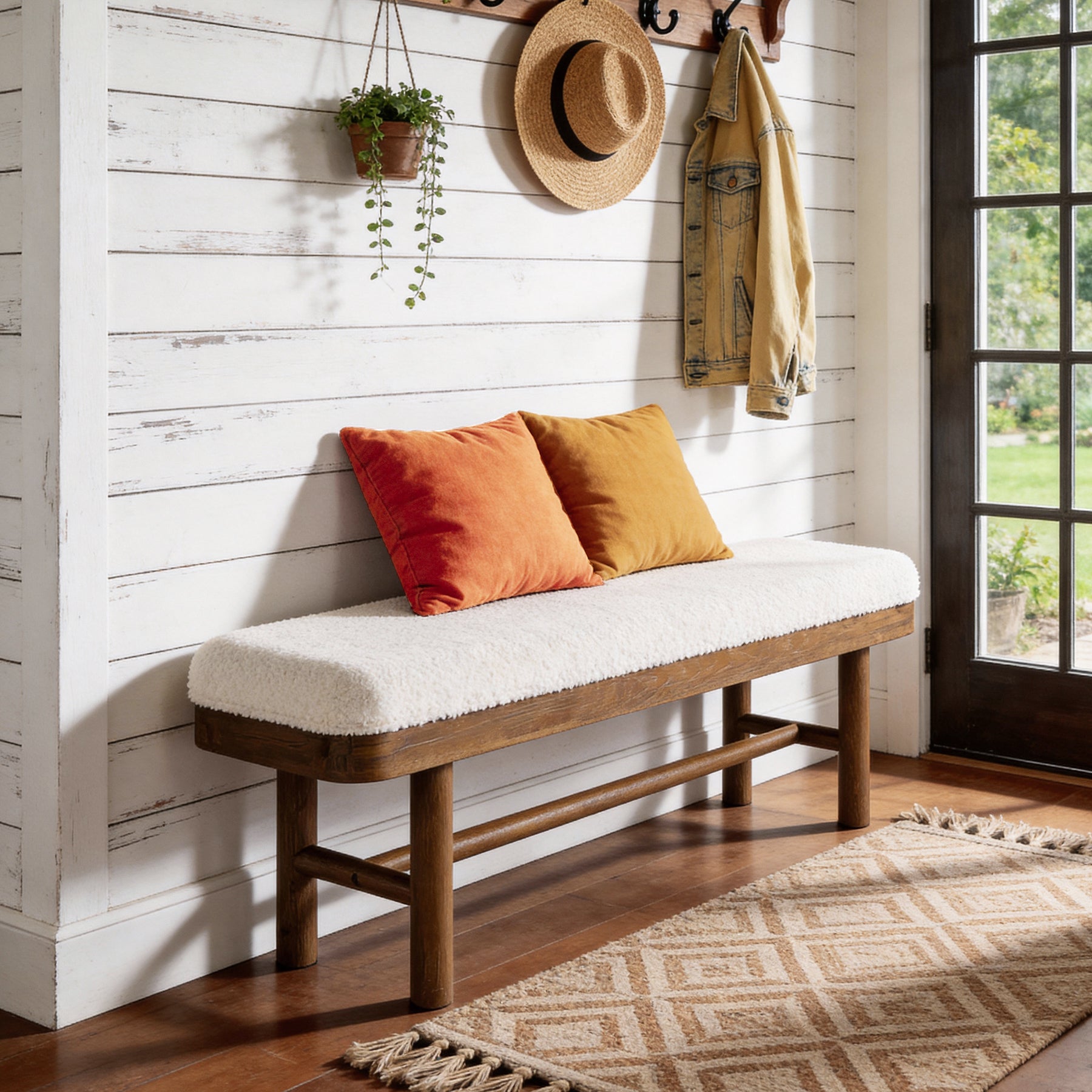 Solid Wood Shoe Bench, 55" Upholstered Entryway Bench with Removable Cushion