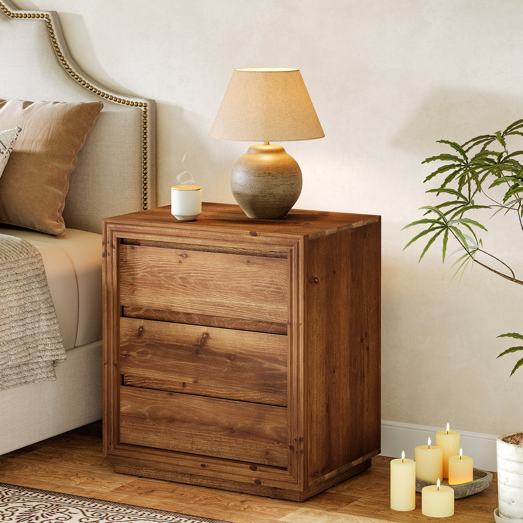 Solid Wood Farmhouse Nightstand, 3-Drawer 23.62" Bedside Table with Storage