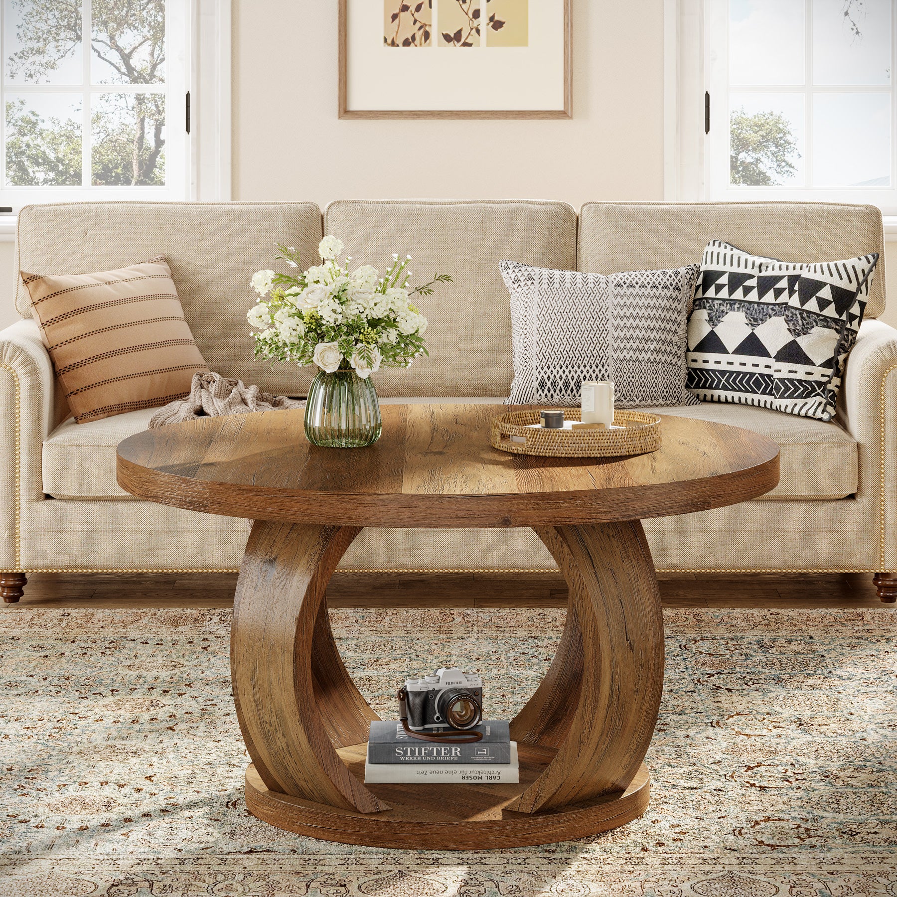 31.5" Round Coffee Table, 2-Tier Wooden Center Table with Storage