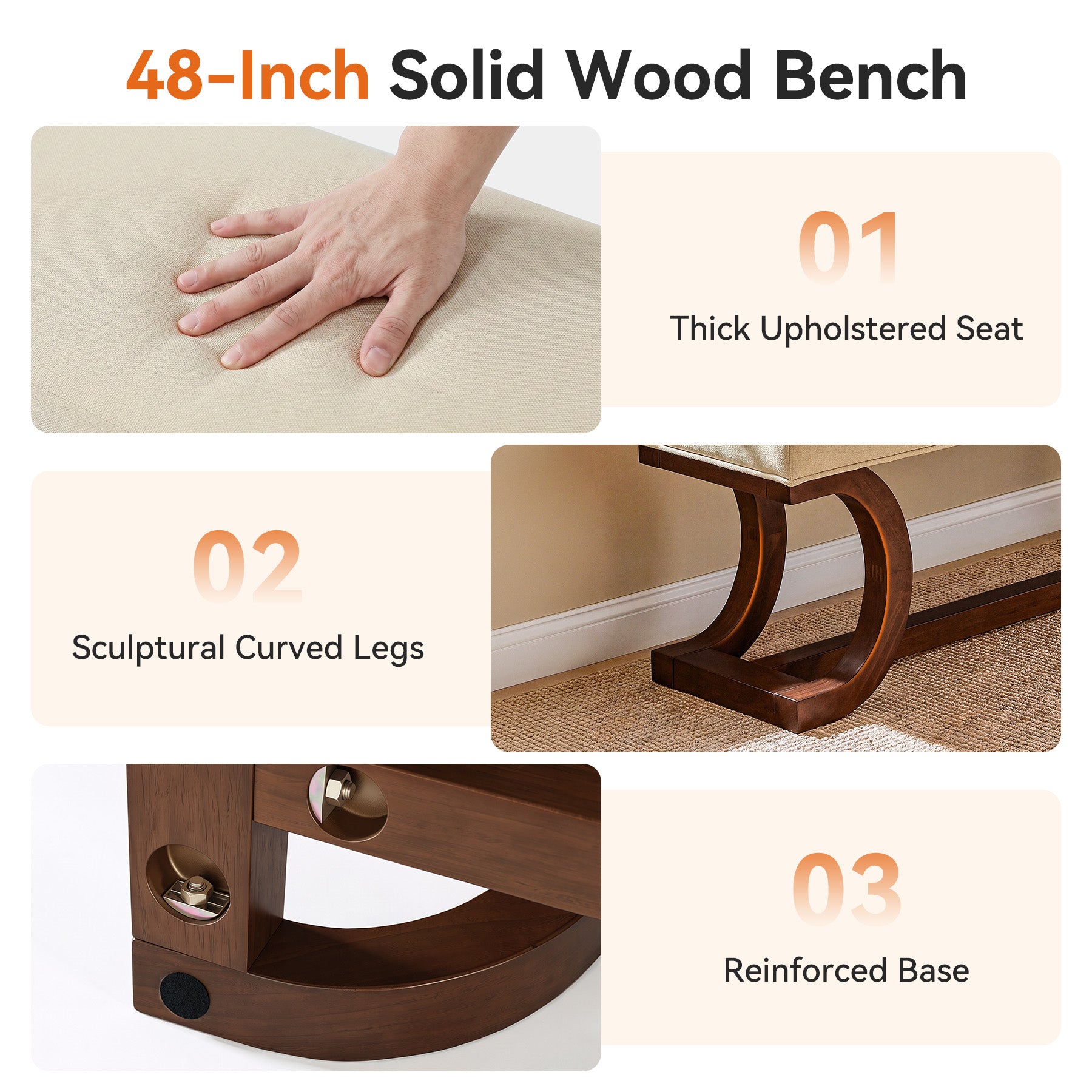 48" Upholstered Bench, Solid Wood Entryway Bench End of Bed Bench with Soft Cushion