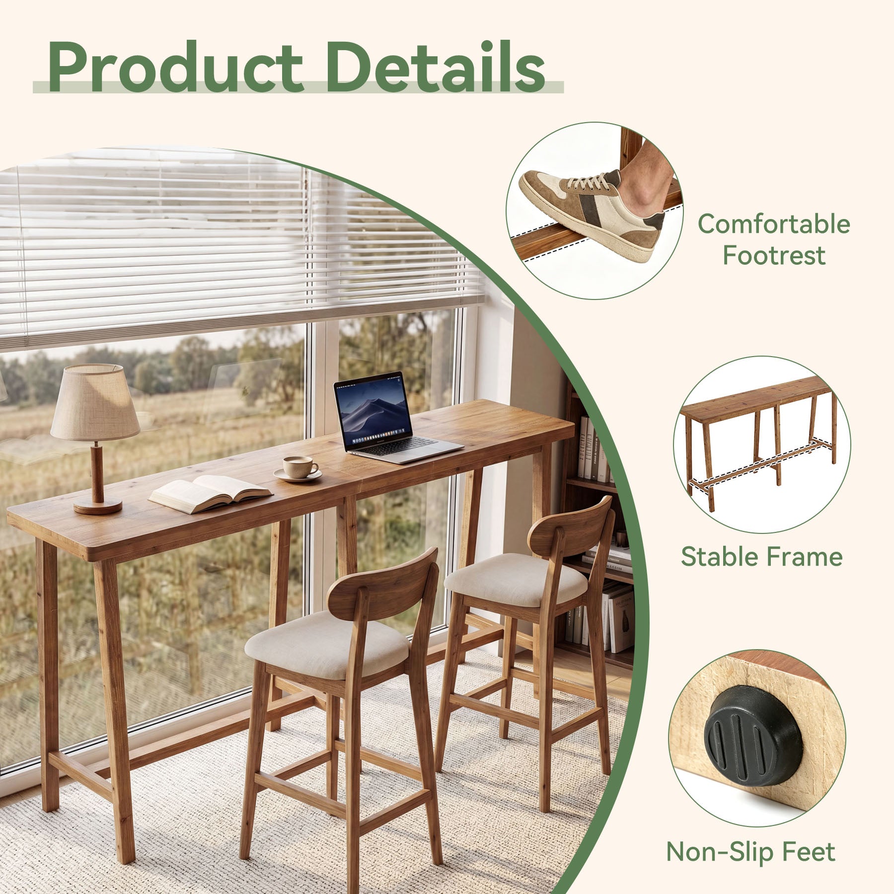78.7" Solid Wood Bar Table, Rectangular Counter Height Pub Table for Dining, Kitchen