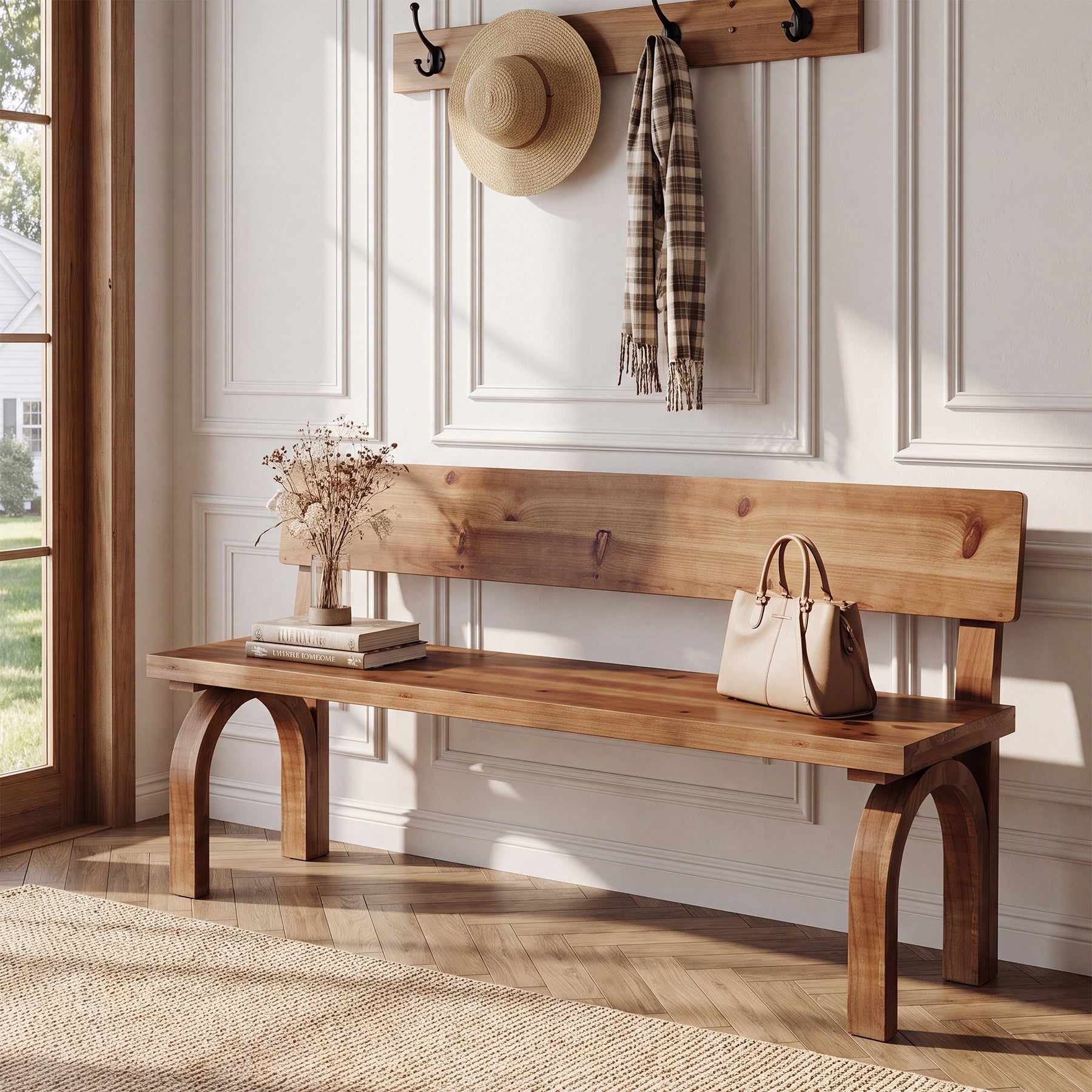 Solid Wood Entryway Bench with Backrest, 63" Long Dining Bench for Entryway, Kitchen