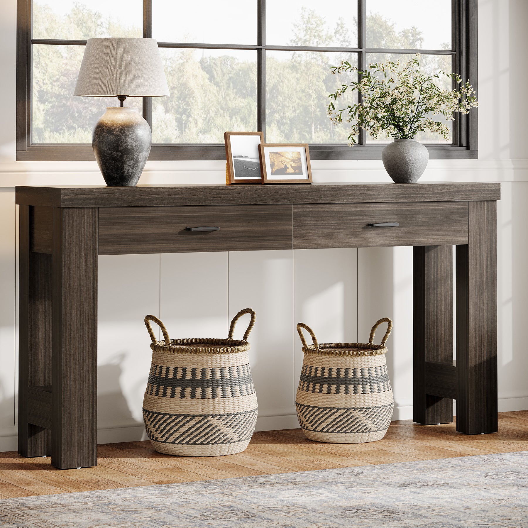 63" Console Table, Farmhouse Entryway Table with H-Shaped Legs and 2 Drawers