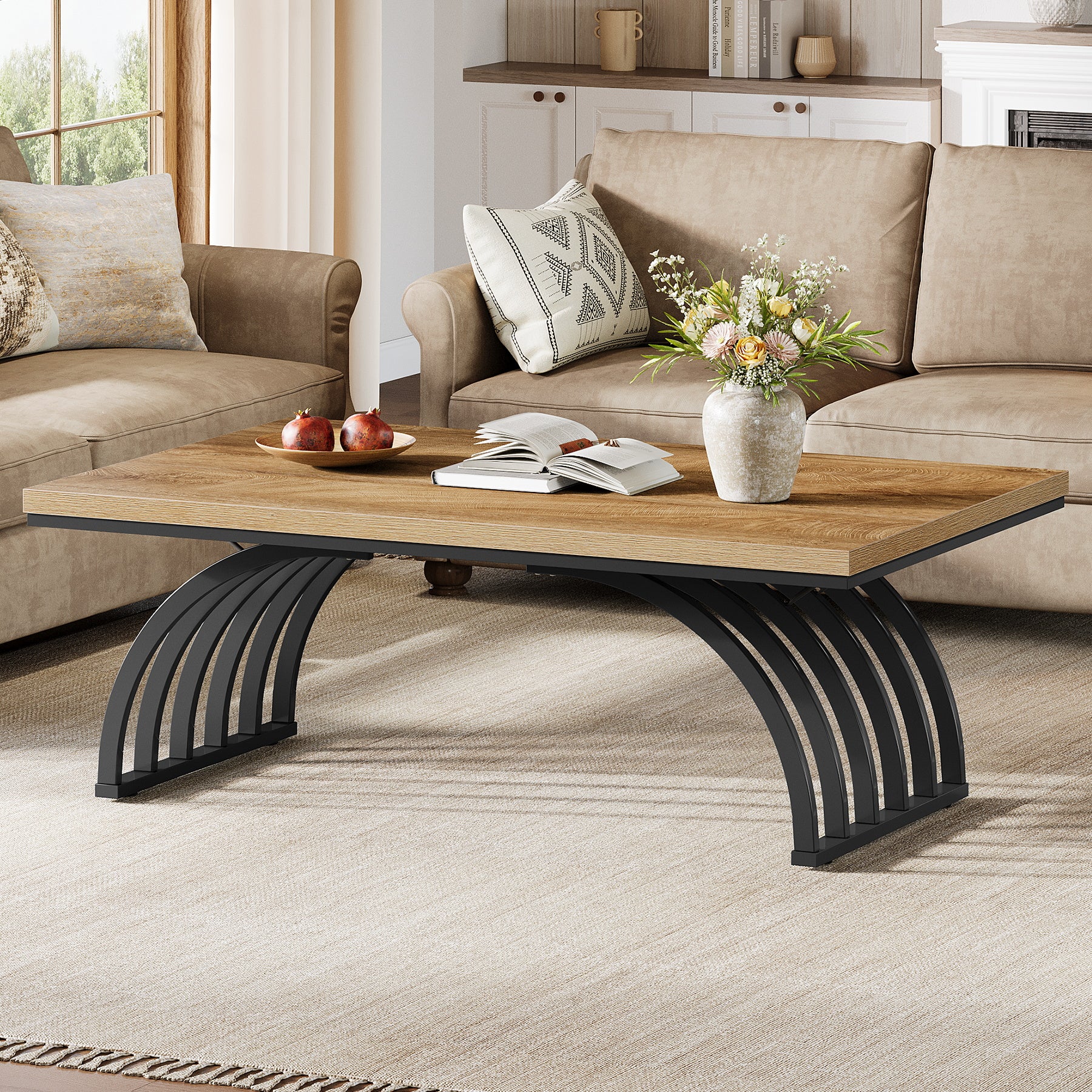 47" Coffee Table, Rectangular Center Tea Table with Metal Frame Legs