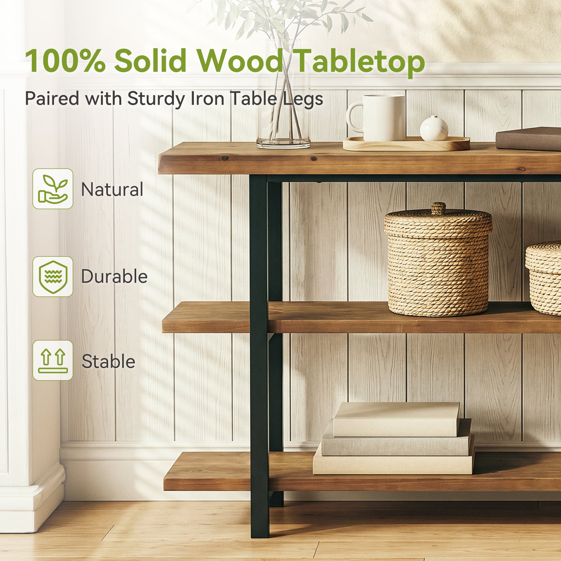 63" Solid Wood Console Table with 3-Tier Storage, Farmhouse Entryway Sofa Table with Metal Frame