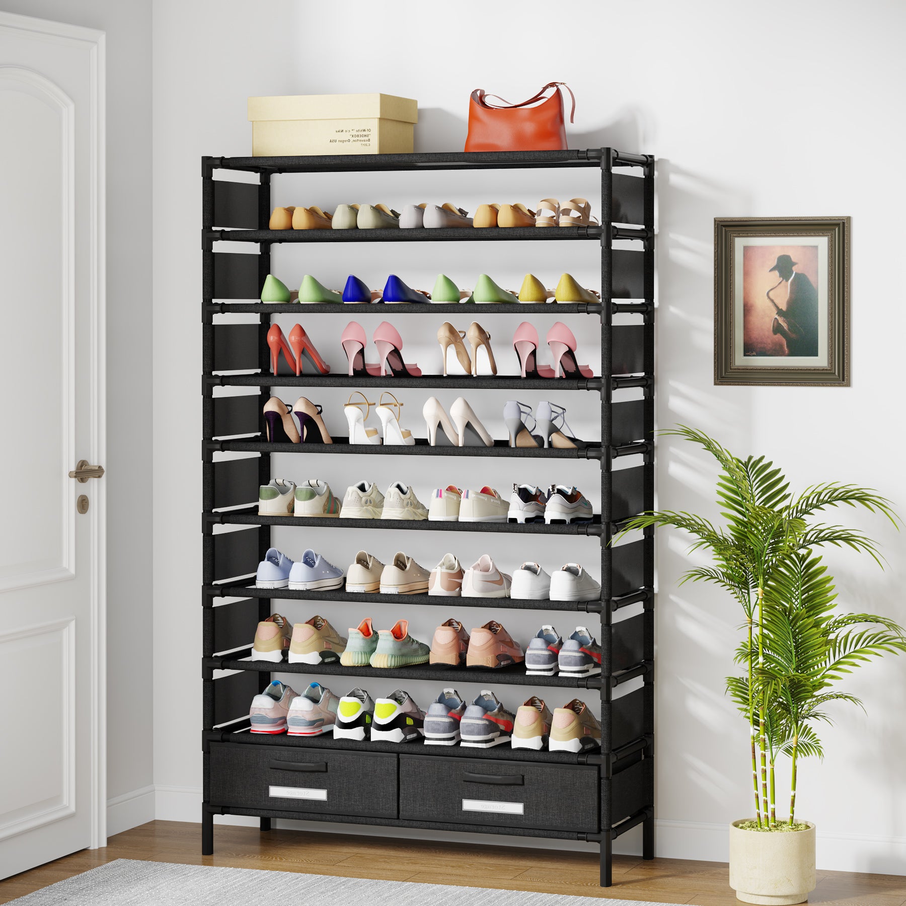 10-Tier Shoe Rack, 32 Pairs Vertical Shoe Shelf Organizer with Bins Drawers