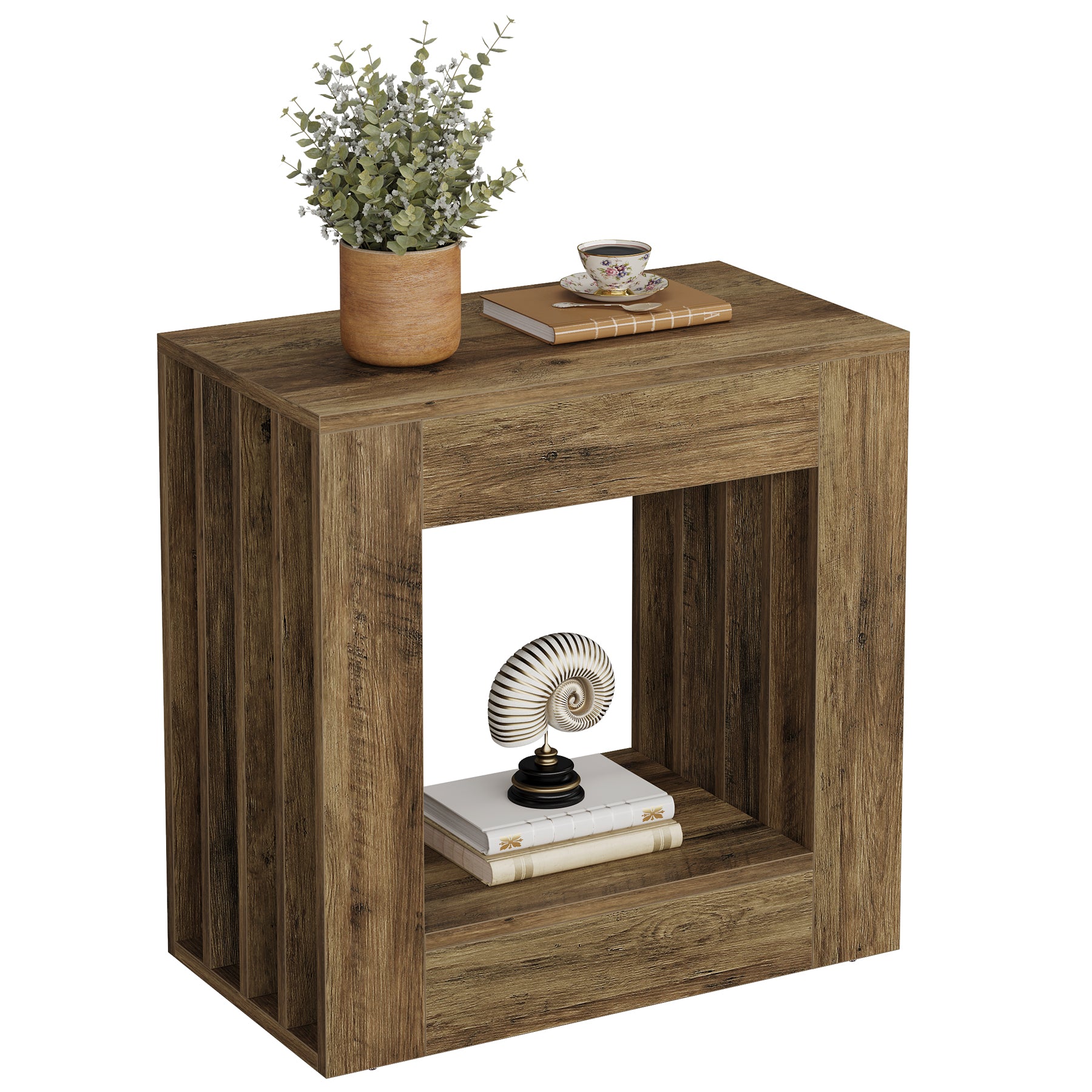 23.62" Farmhouse Narrow End Table, Rustic Square Nightstand with Storage Shelf