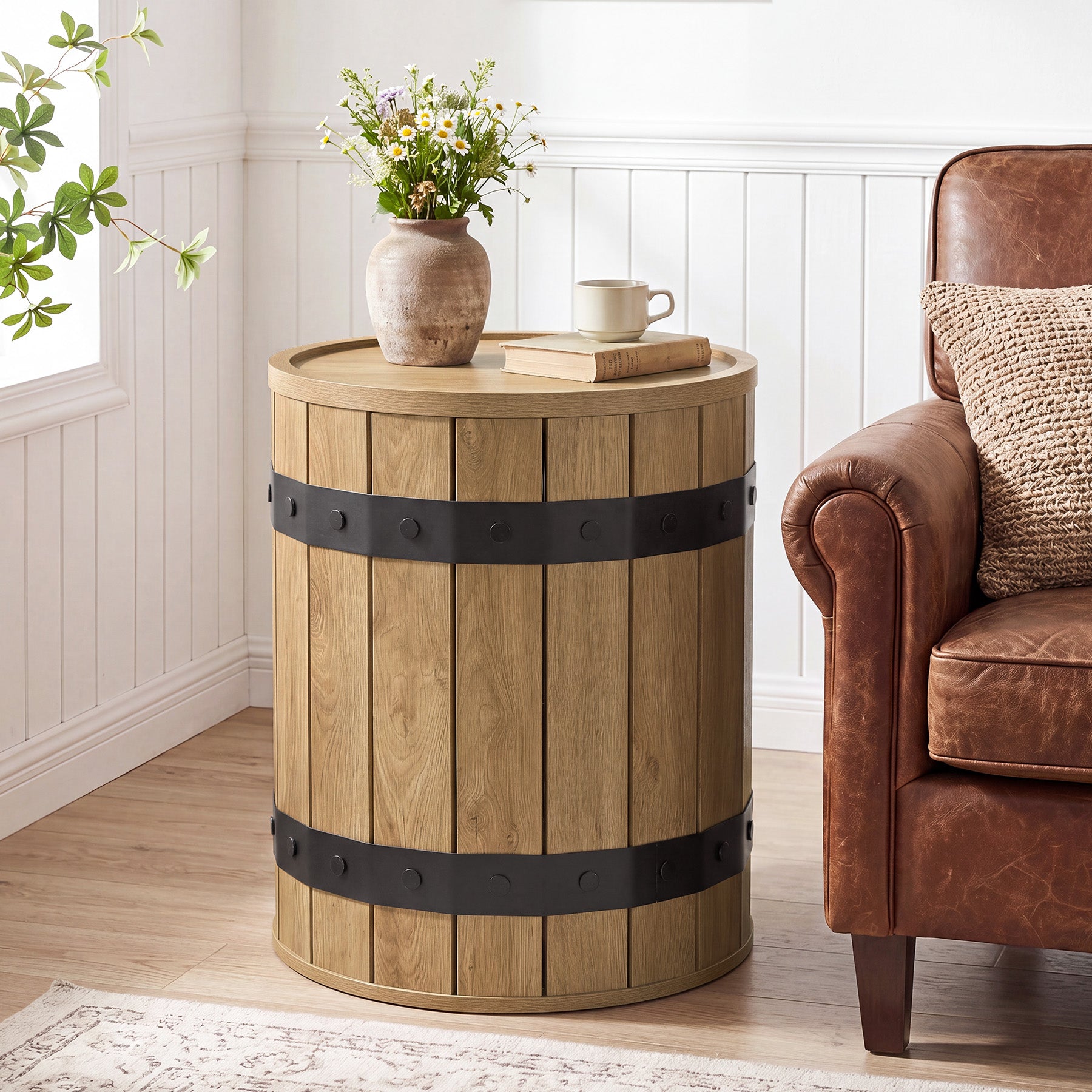 19.68" Barrel Side Table with Hidden Storage, Round Wood End Table with Lid for Living Room and Bedroom