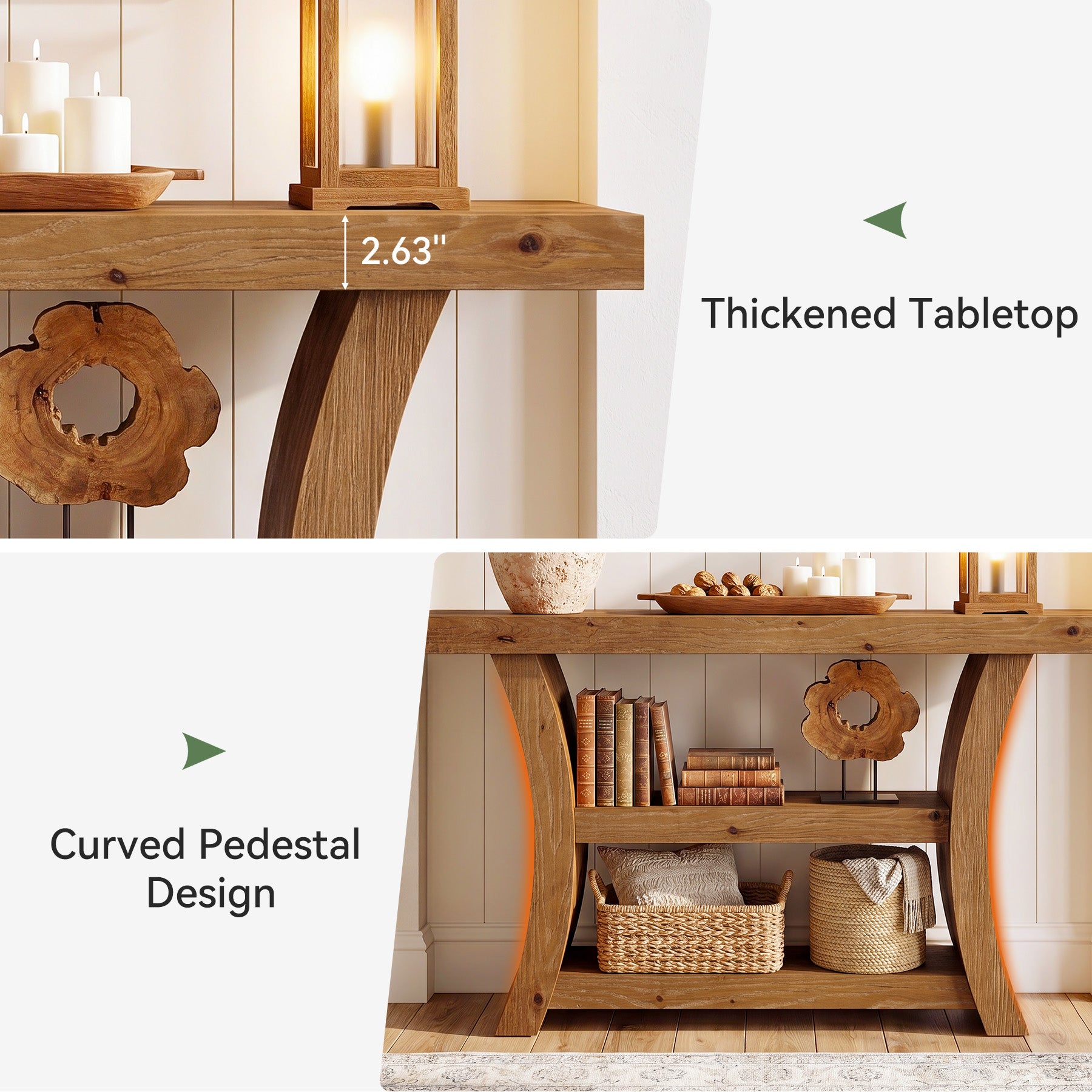 55" Solid Wood Console Table, 3-Tier Entryway Sofa Table with Open Shelves for Entrance