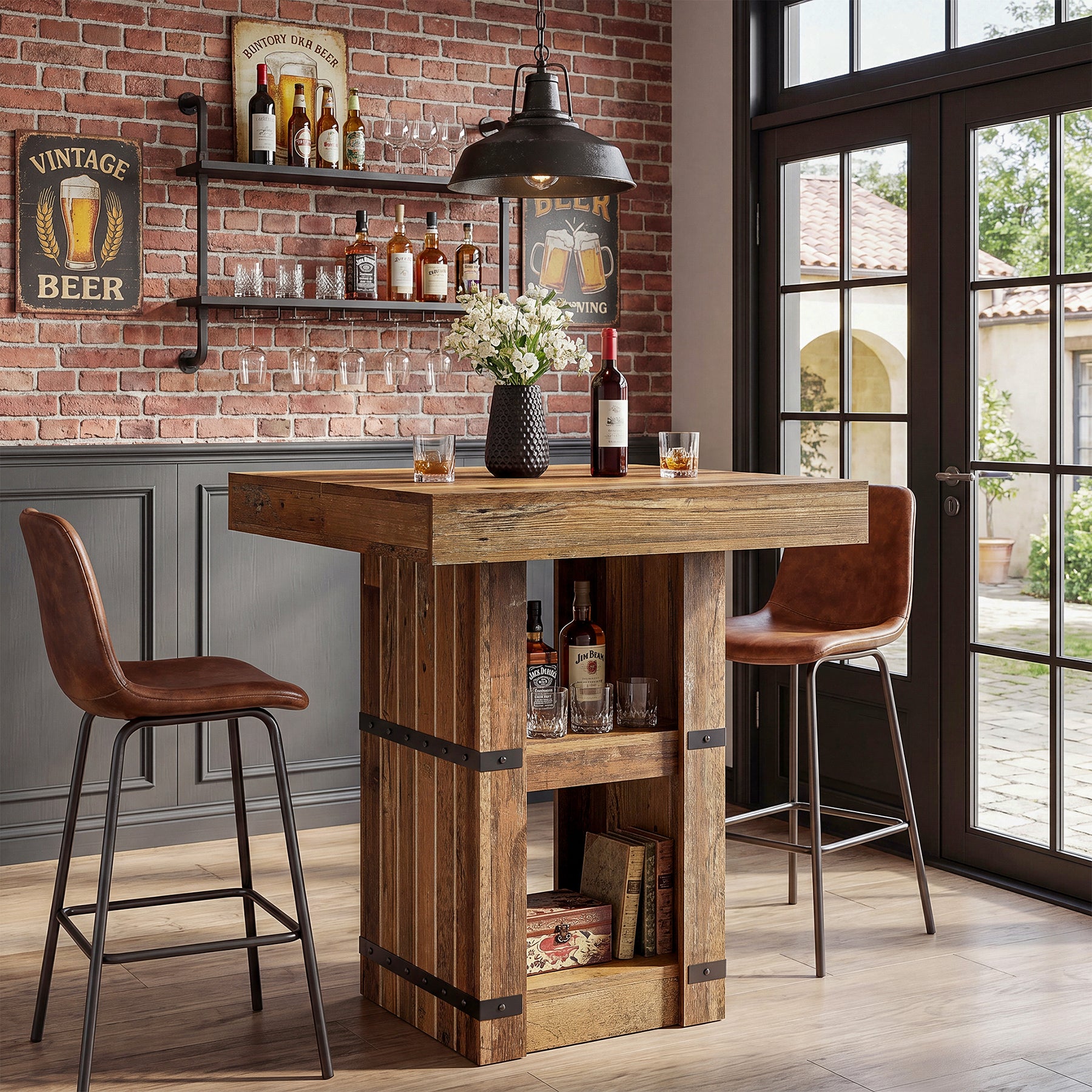 31.5" Square Bar Table, Counter Height Dining Table with Storage Base