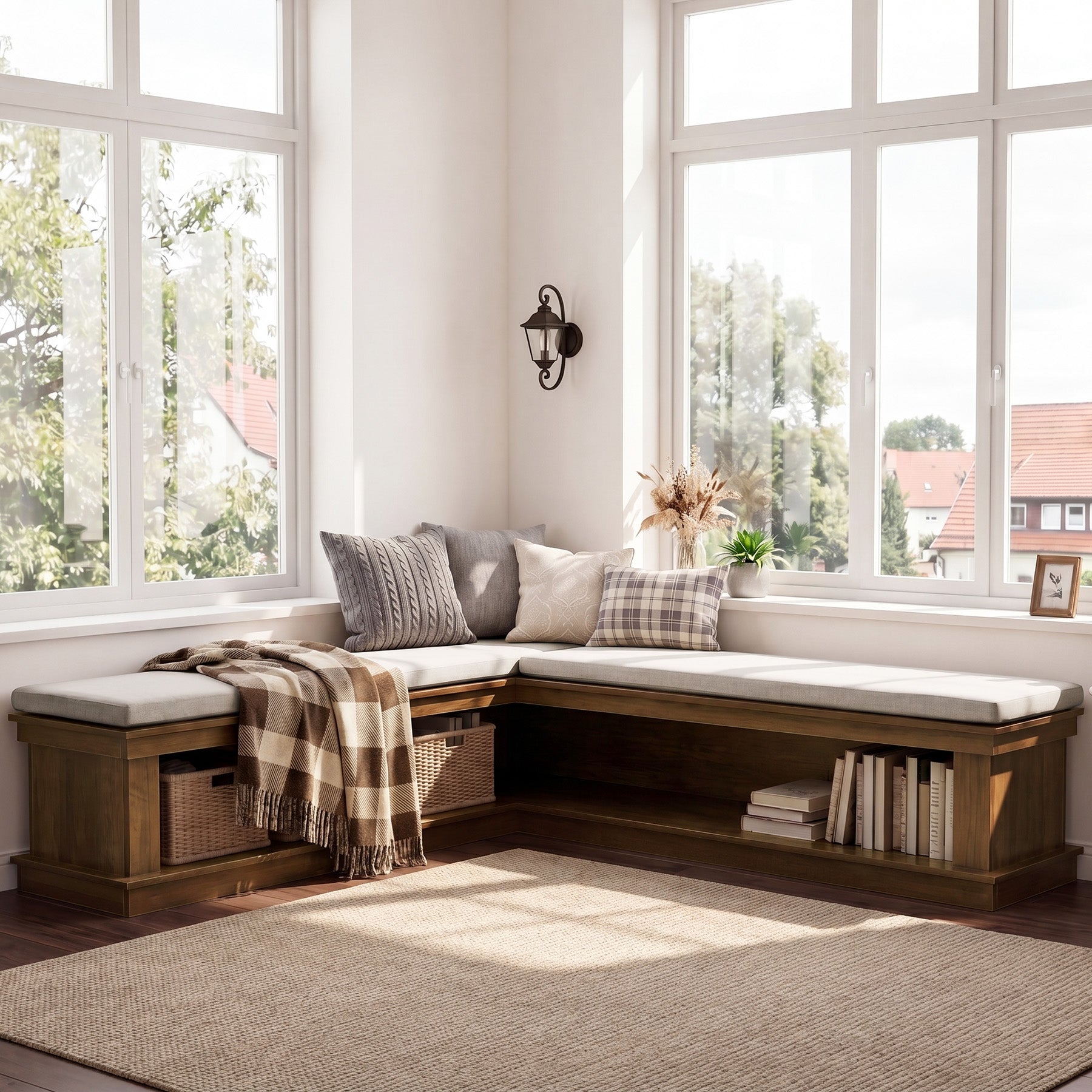 L-Shaped Storage Bench with Cushion, 63" Entryway Shoe Bench with Open Shelves