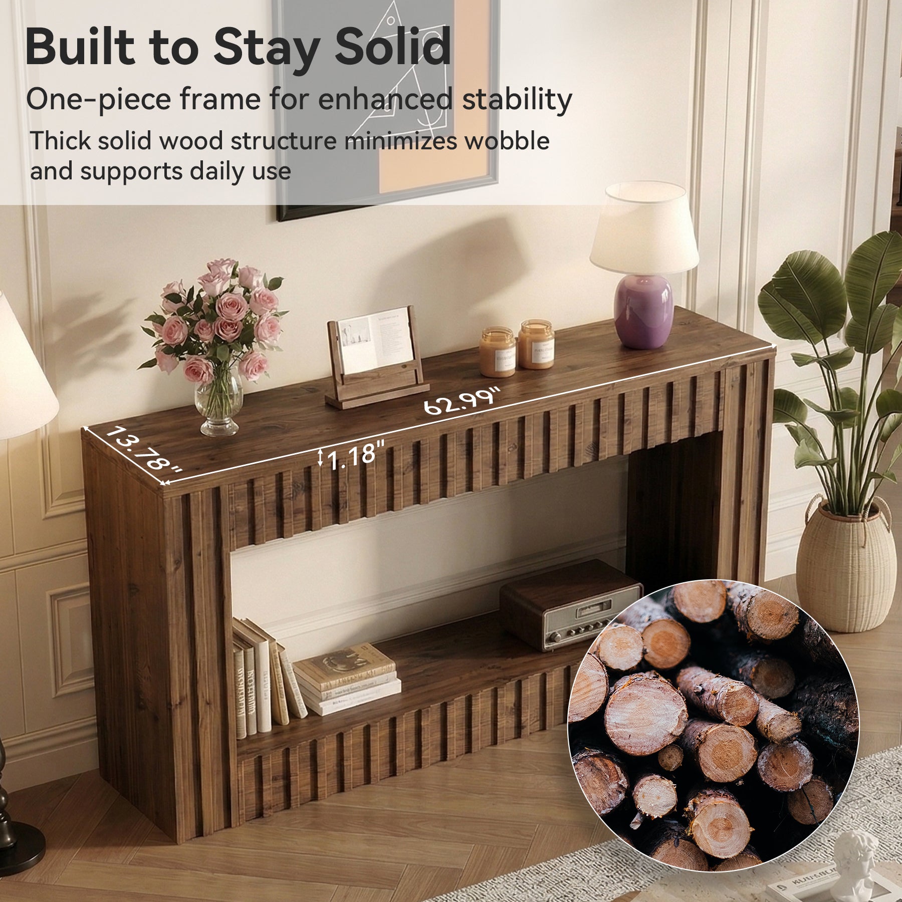 63" Solid Wood Sofa Table, Rustic Console Table with Open Shelf for Entryway, Hallway, or Behind Couch