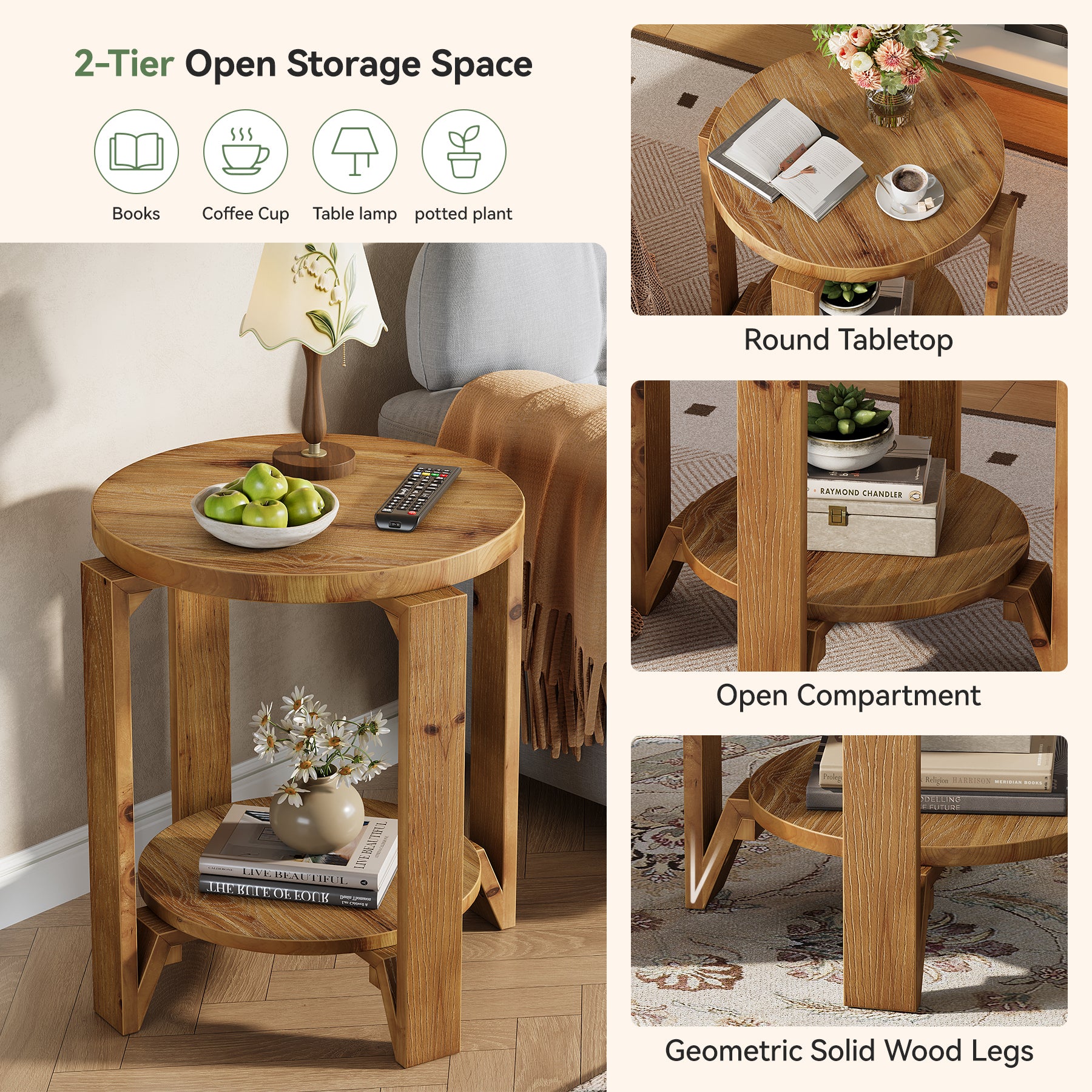 Solid Wood End Table, 2-Tier Round Sofa Side Table Nightstand with Storage