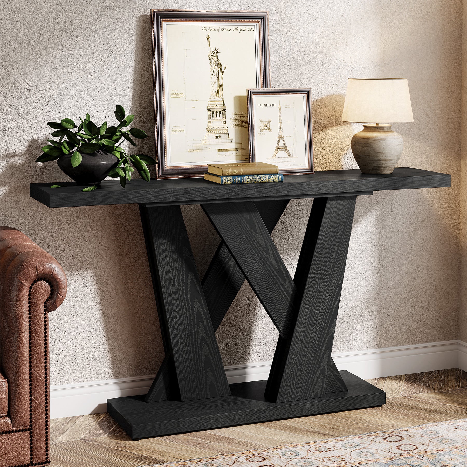 55" Console Table, Farmhouse Entryway Table With Geometric Base